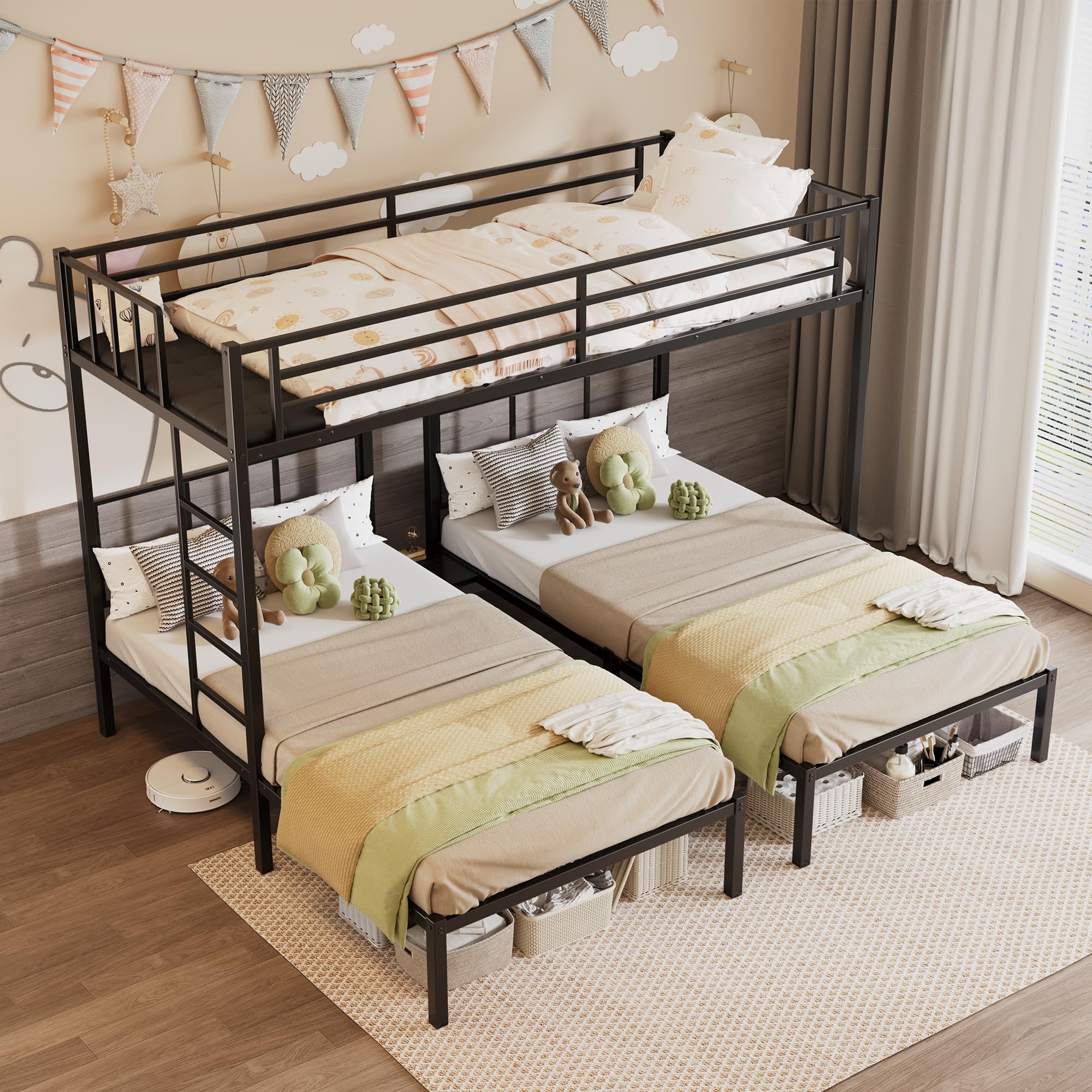 FAVSH Metal Triple Bunk Bed, Twin Over Twin Over Twin Design with Charging Station, Heavy Duty Bunk Bed Frame with Guardrails and Ladder, Converts to