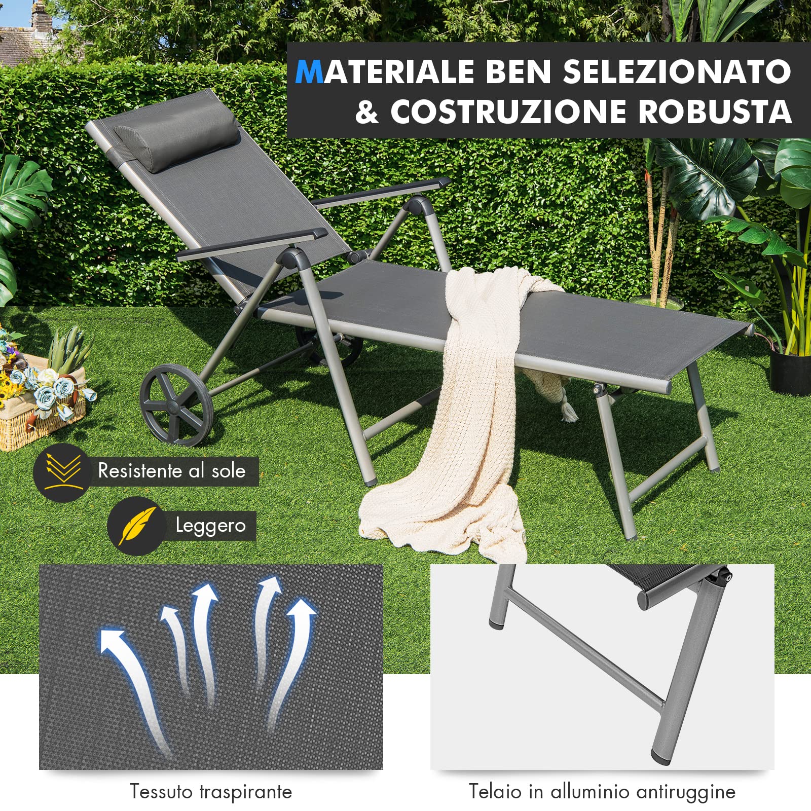COSTWAY Lettino Prendisole Pieghevole in Alluminio su Ruote, 150 kg | Sedia da Giardino Schienale 7 livelli con Braccioli e Poggiatesta Rimovibile, Tessuto Traspirante per Piscina e Cortile