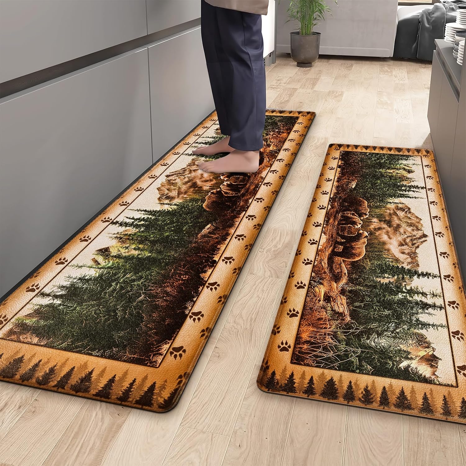 FRAMICS Rustic Bear Kitchen Mats for Floor, Farmhouse Kitchen Rugs Sets of 3, Cabin Kitchen Runner Rugs Non Skid Kitchen Floor Mats Cushioned Anti Fatigue for Hallway Laundry 18"x60"+18"x48"+18"x30"