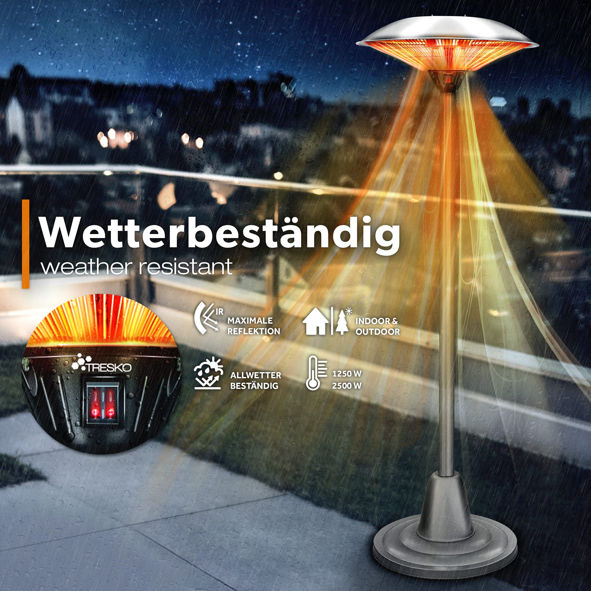 TRESKO Infrarot Heizstrahler 2500W | Heizpilz Terrasse elektrisch mit 2 Heizstufen | Terrassenstrahler Innen & Außen | Standheizstrahler mit LED-Anzeige Quarzstrahler Infrarotstrahler