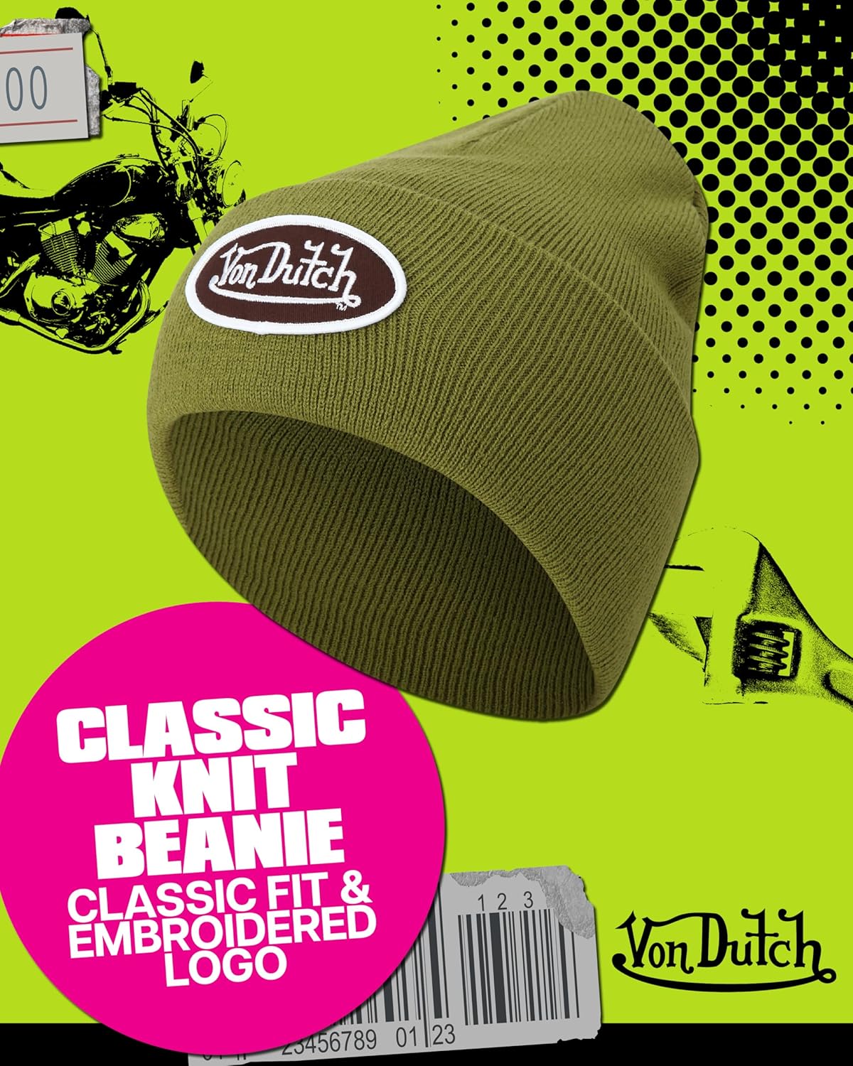 Von Dutch Womens Beanie Hat - Soft Cuffed Knitted Skull Cap Graphic Winter Beanie for Women with Embroidered Logo