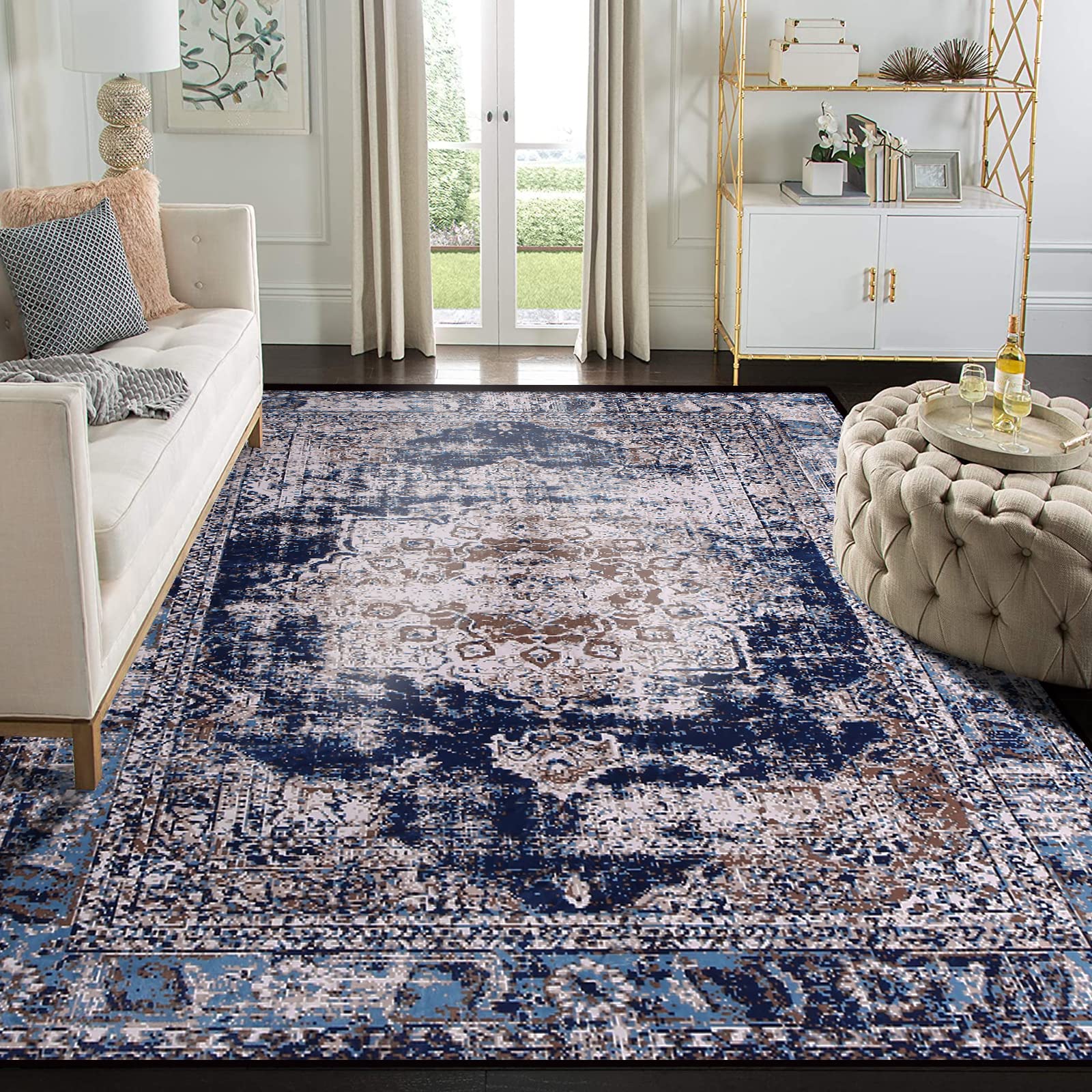 Calore Tappeti Salotto Vintage a Pelo Corto Morbido Tappeto Antiscivolo, Tappeto Chic per Soggiorno Camera da Letto Sala da Pranzo (200 x 300 cm, Retro-Blu Navy)