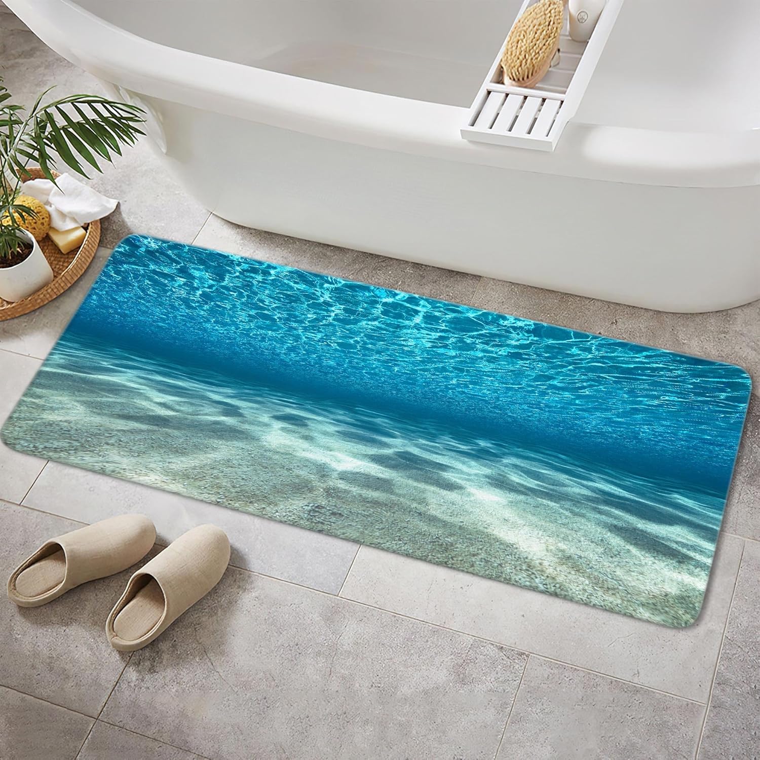 MERCHR Blue Ocean Bath Mat, Nature Underwater Sea World Sand Beach Bathroom Rugs, 17 x 48 Inches