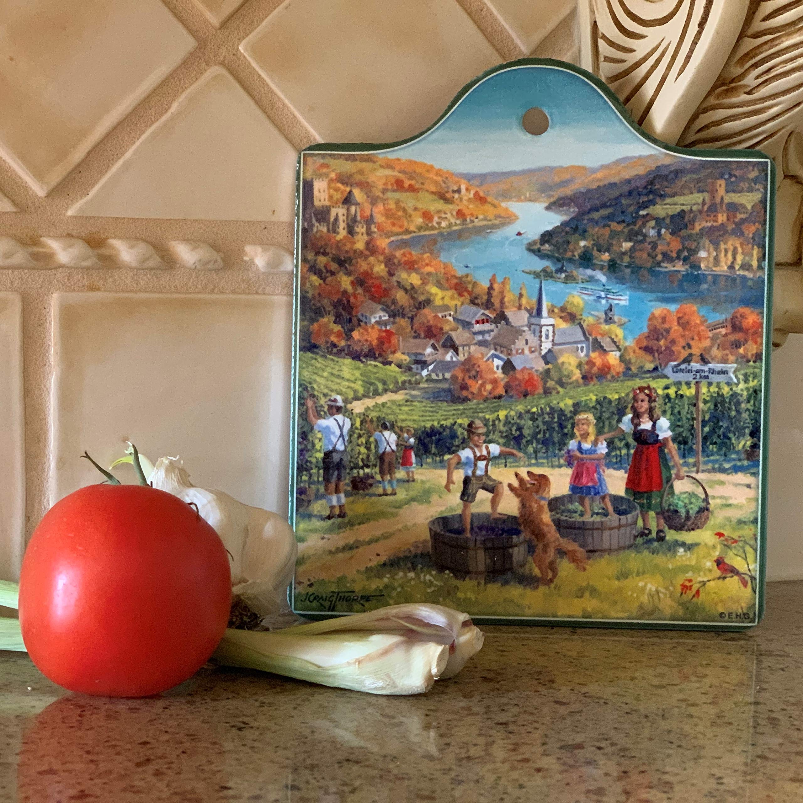 Essence of Europe Gifts Wine Grape Harvest in Germany Porcelain Cheeseboard with Cork Backing