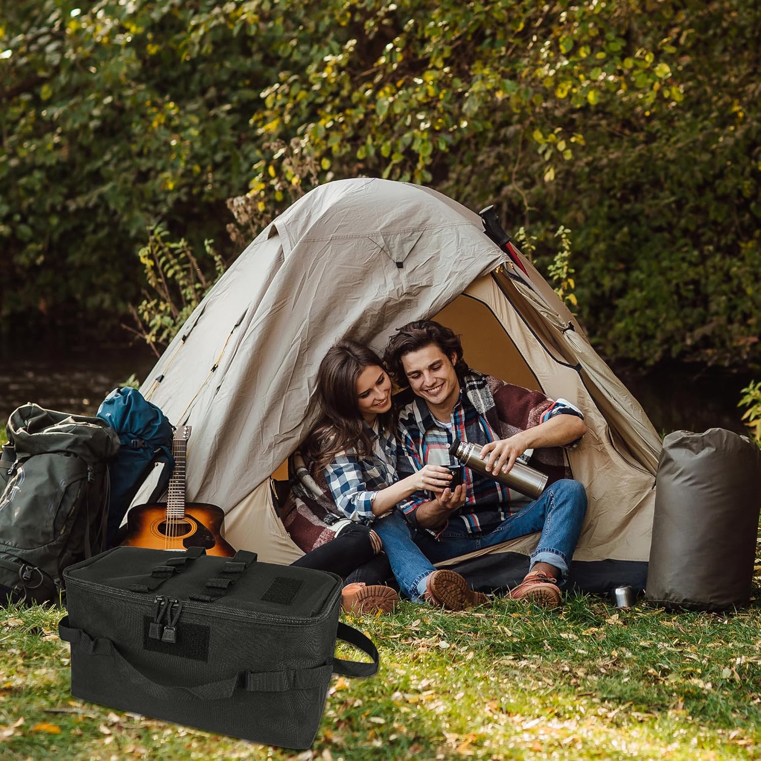 Camping Storage Bags, Utility Tote Bag for Campings Cookware Organizer, Trunk Organizer with Shoulder Strap,Outdoor Garden Tool Bag for Camping, Travel, Picnic, Garage Trunk (Black) - Image 5