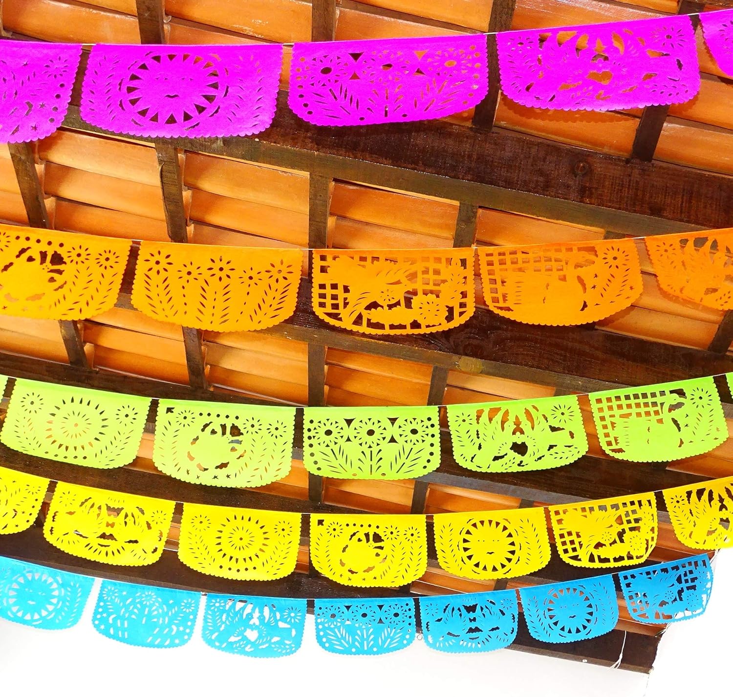 Banderines Mexicanos de colores 5 Pk Papel Picado Banner Paper Flags 60 ft total in colors Pink, Orange, Green, Yellow, Blue, Tissue PAPER Fiesta party supplies for Weddings Birthdays Taco Coco wsmix1