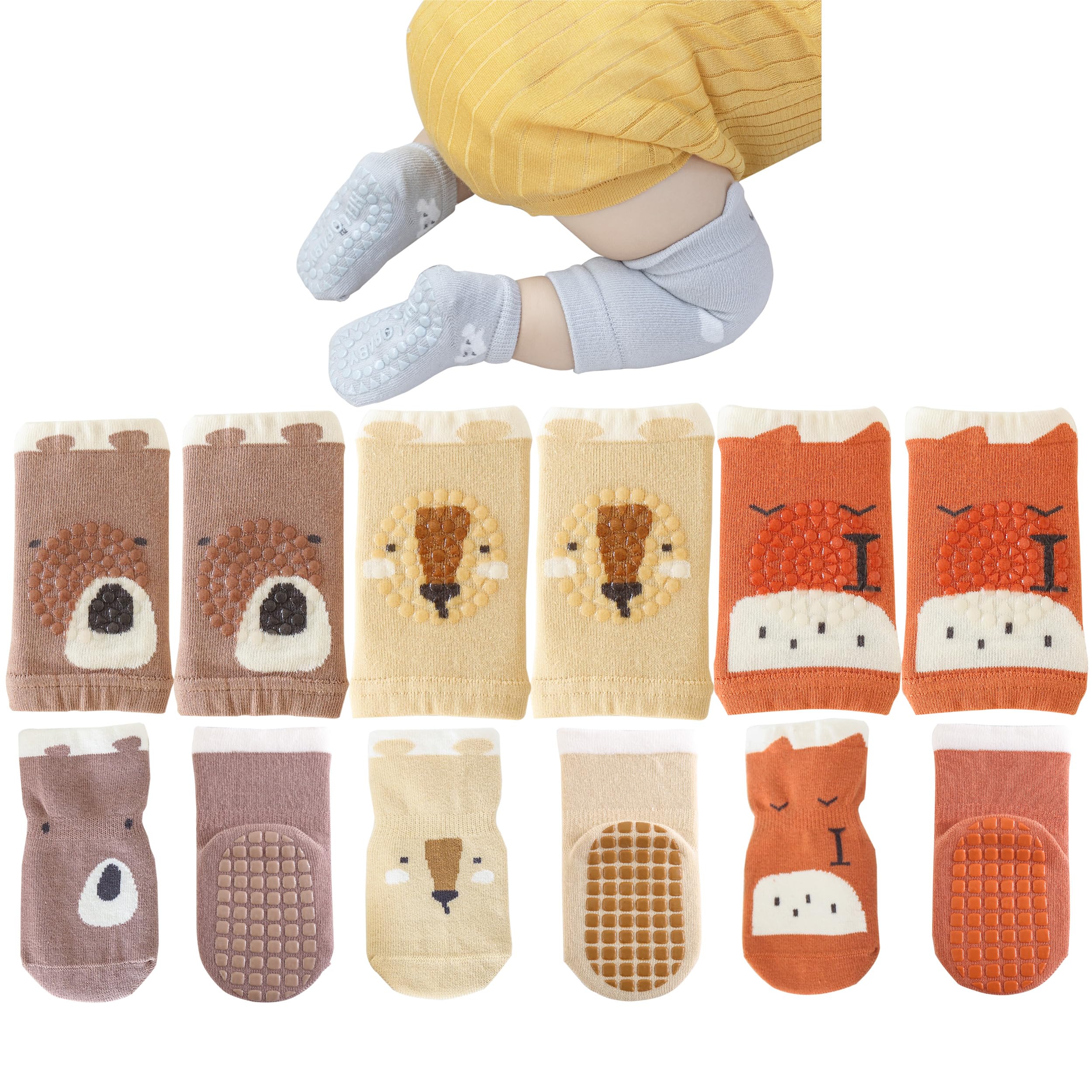 QXQTER Toddler Baby Knee Pads and Socks for Crawling for Baby Boys Girls with Grips Anti-Slip Knee Protector - 6 Pair