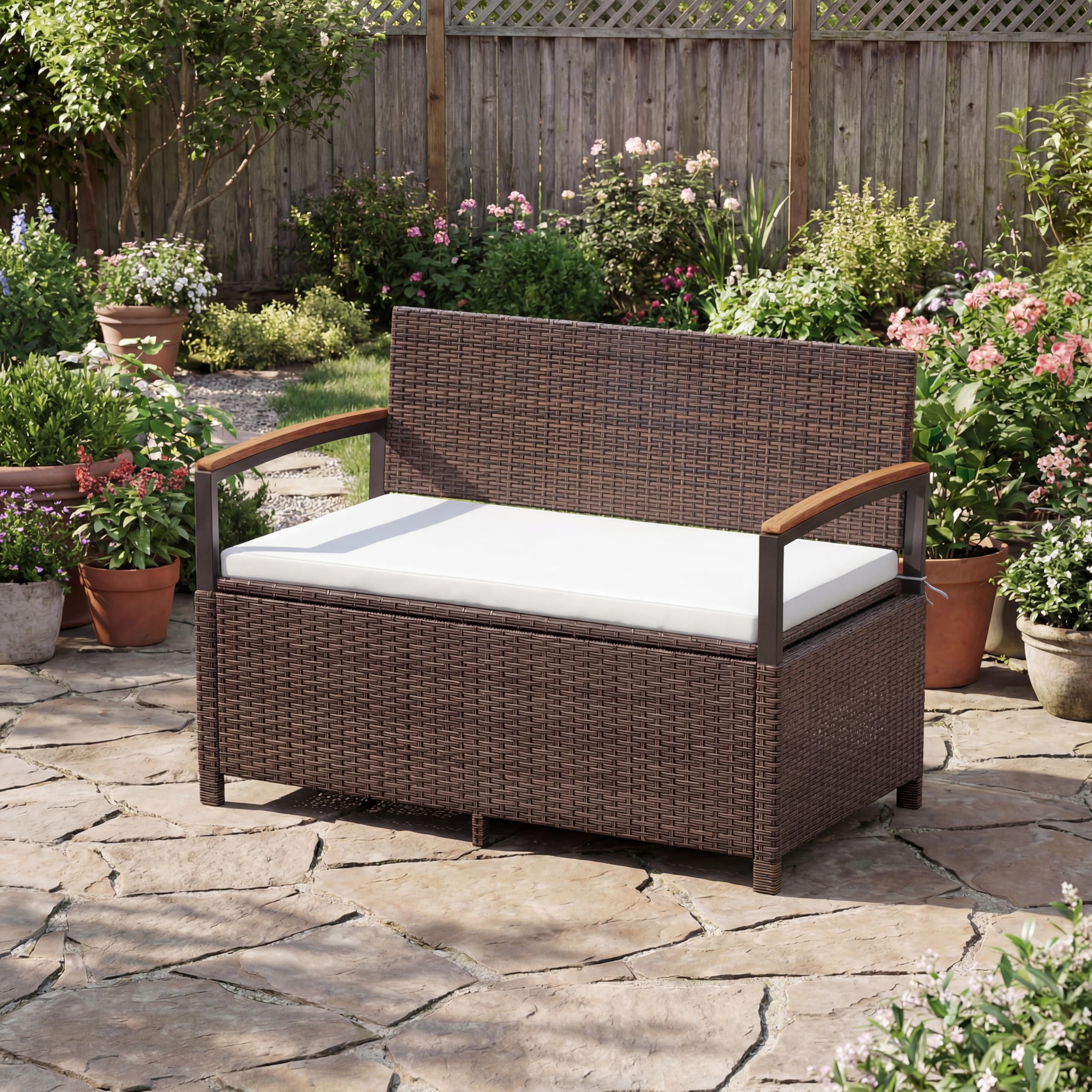 SOARS Panca da Giardino 2 Posti, Baule Contenitore Esterno 175 L in Vimini PE, con Cuscino Lavabile, Schienale e Braccioli in Legno di Acacia, Ammortizzatori a Gas, per Patio Balcone Piscina (Beige)