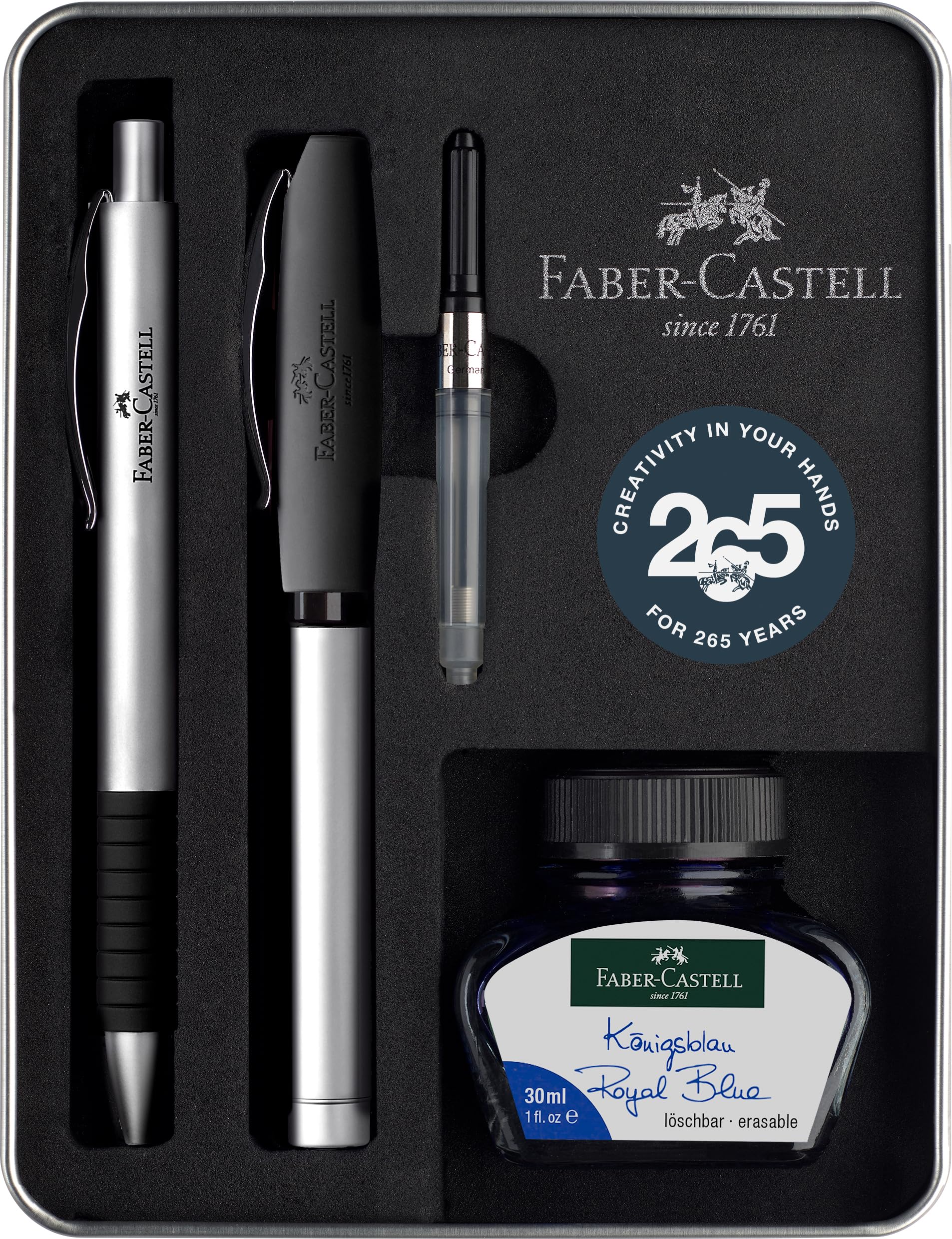 Faber-Castell - zestaw upominkowy Essentio, metal matowy | Zestaw z piórem wiecznym M, długopisem, konwerterem i kałamarzem 30 ml, edycja jubileuszowa w metalowym pudełku