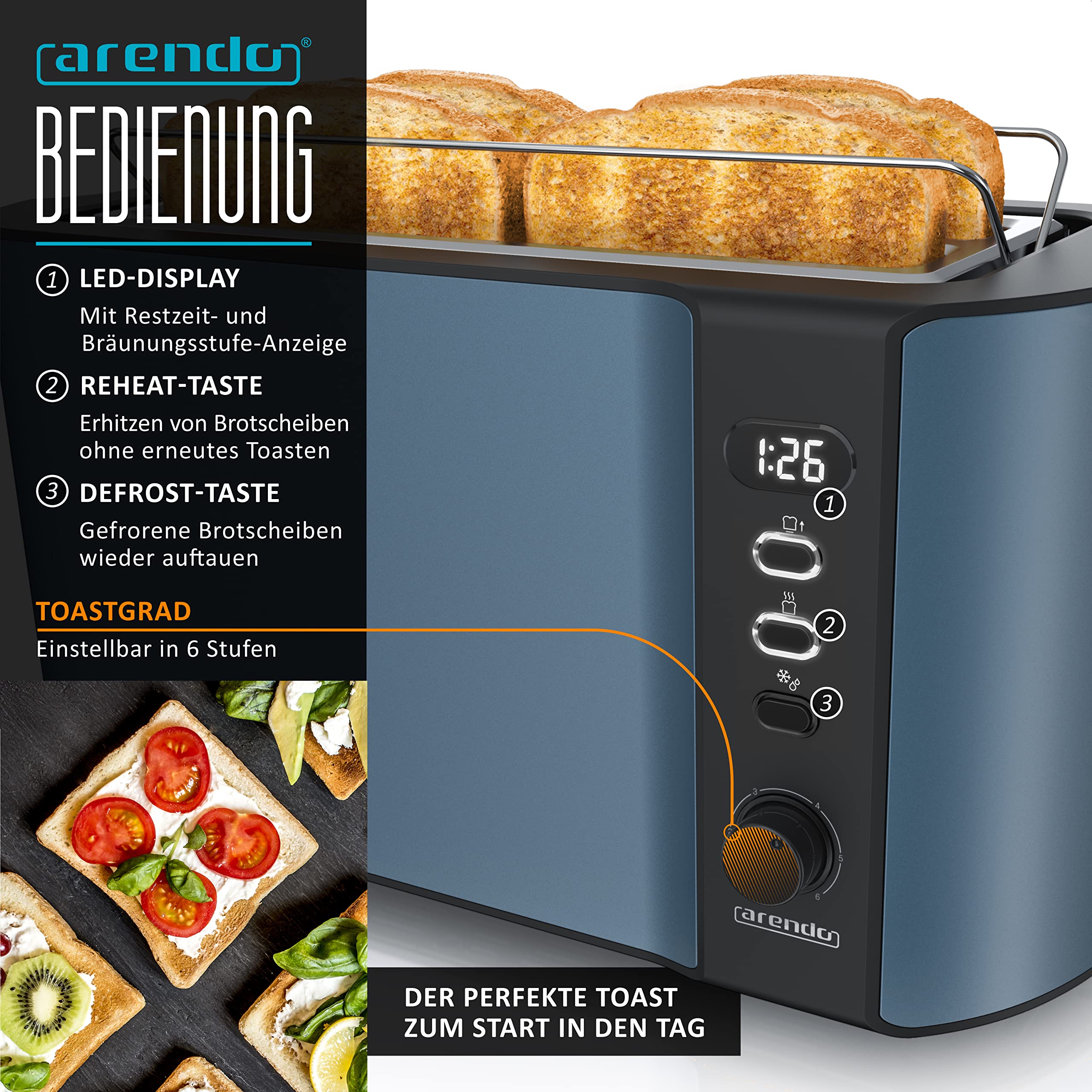 Arendo Wasserkocher Toaster SET Edelstahl Blau 1,5L 40-100°C 4 Scheiben LED-Display