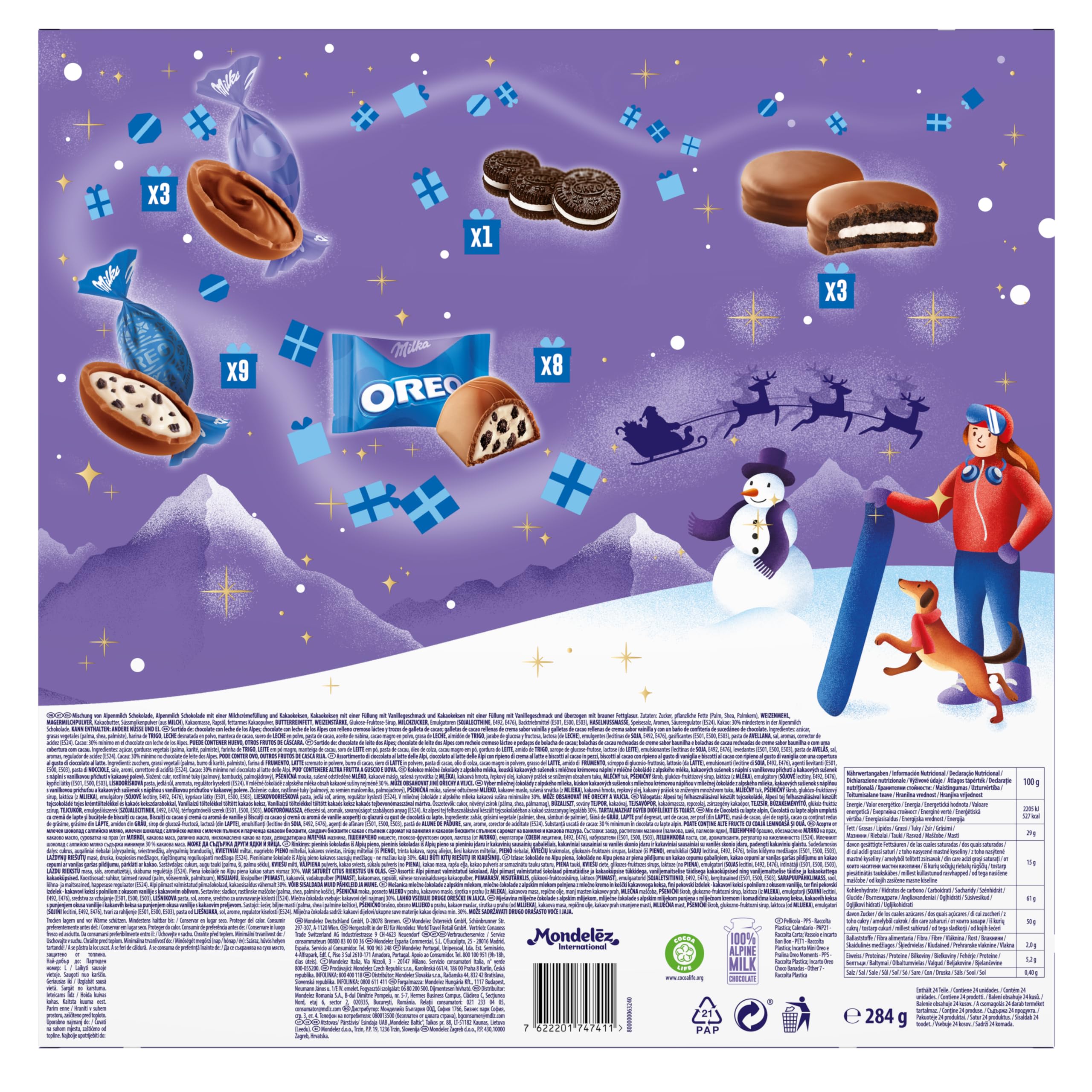 Milka & OREO Calendario dell'Avvento 1 calendario dell'Avvento da 284 g, con cioccolato e biscotti OREO, calendario dell'Avvento con calendario dell'Avvento al cioccolato, con caramelle al latte