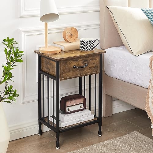 Miniatura 6 de VECELO Mesitas de noche, mesas laterales industriales con cajón y estante de almacenamiento, mesitas de noche para dormitorio, sala de estar,