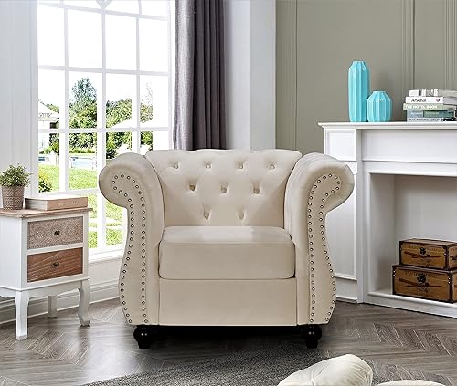 US Pride Furniture Sofás tapizados de terciopelo moderno para sala de estar, 40.6 pulgadas de ancho, color beige