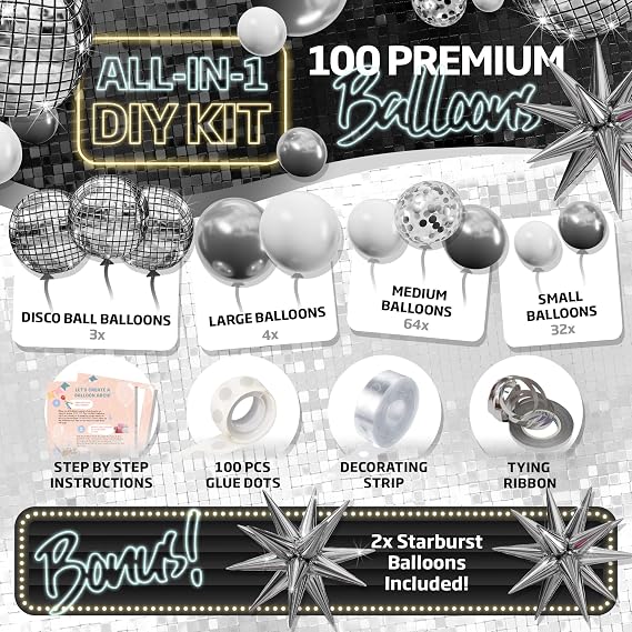 ALL-IN-1 Disco Balloon Arch Kit with BONUS Disco Ball Balloon for Party Decorations - Silver & White Balloons Garland for Disco Ball Party Decoration & Silver Party Decorations -Disco Balloons