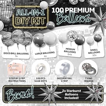 ALL-IN-1 Disco Balloon Arch Kit with BONUS Disco Ball Balloon for Party Decorations - Silver & White Balloons Garland for Disco Ball Party Decoration & Silver Party Decorations -Disco Balloons