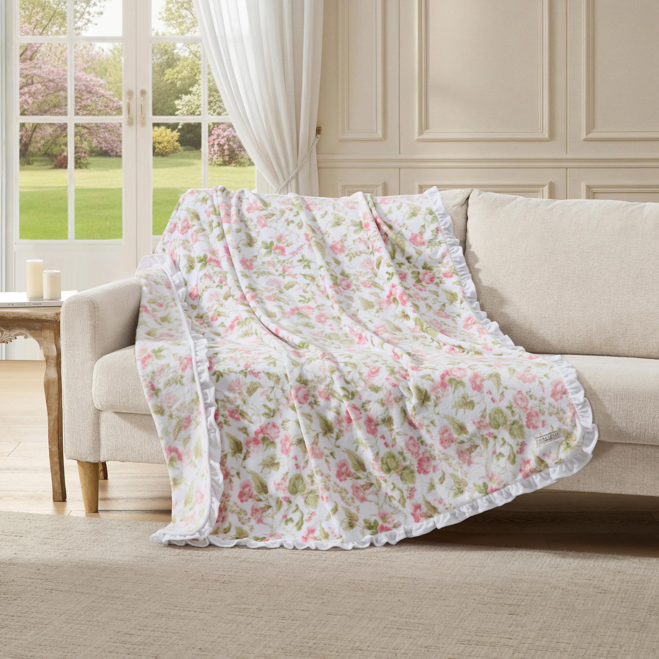 Amazon｜Laura Ashley - フラシ天スローブランケット、50x70、ソフトで