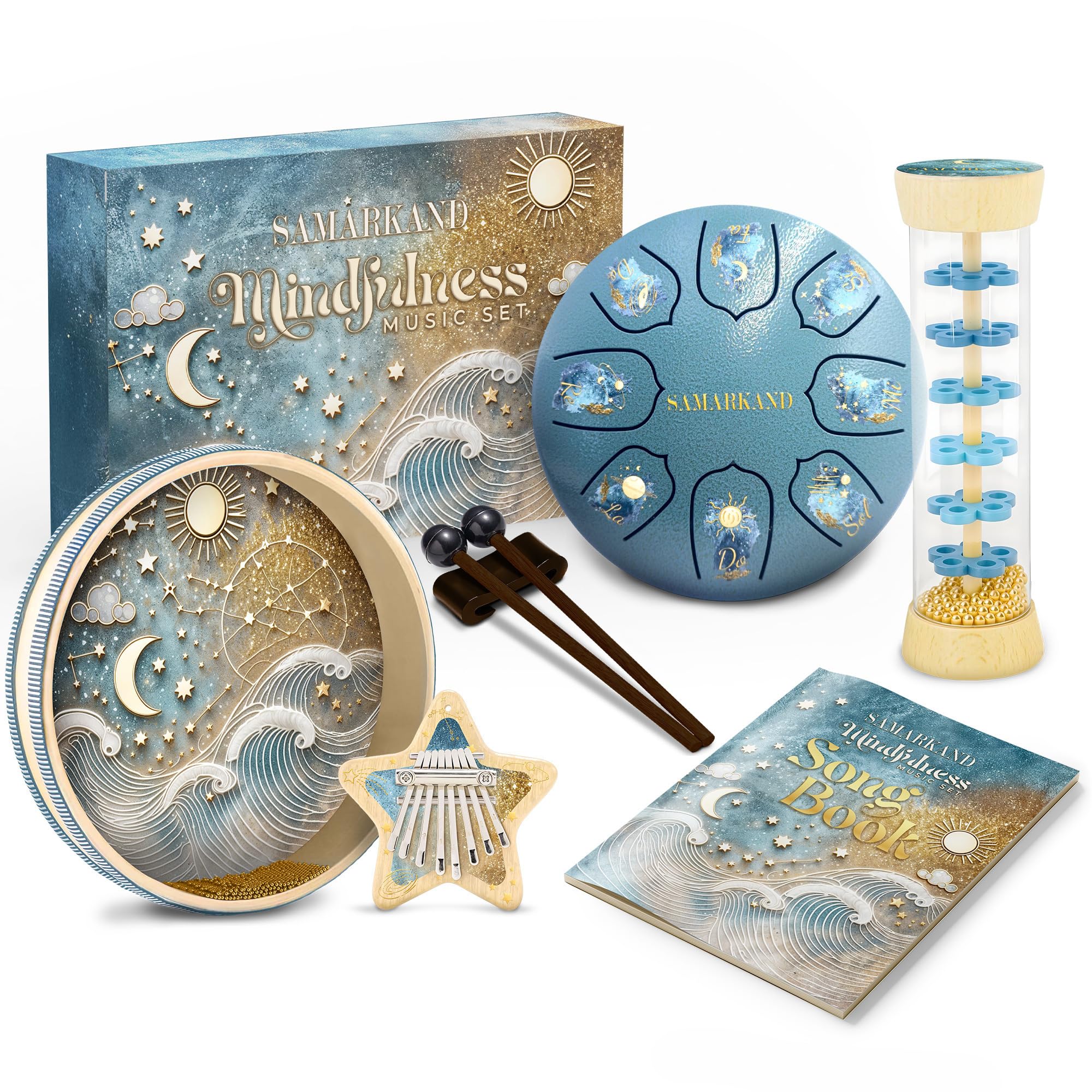 Strumenti Musicali Bambini - Kit sensoriale con Kalimba, Tamburo Oceanico E Bastone Della Pioggia: Suoni Per Calmare, Stimolare Creatività E Ritmo - Giochi Bambini 2 Anni, Giochi Bambini 1 Anno