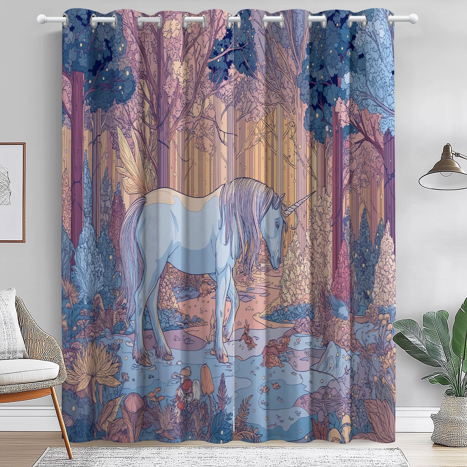 Rideaux à Oeillets 70L X 240H cm (2 Panneaux), Licorne De Dessin Animé, Isolant Opaque pour Balcon et Porte-Fenêtre, Jaune Clair