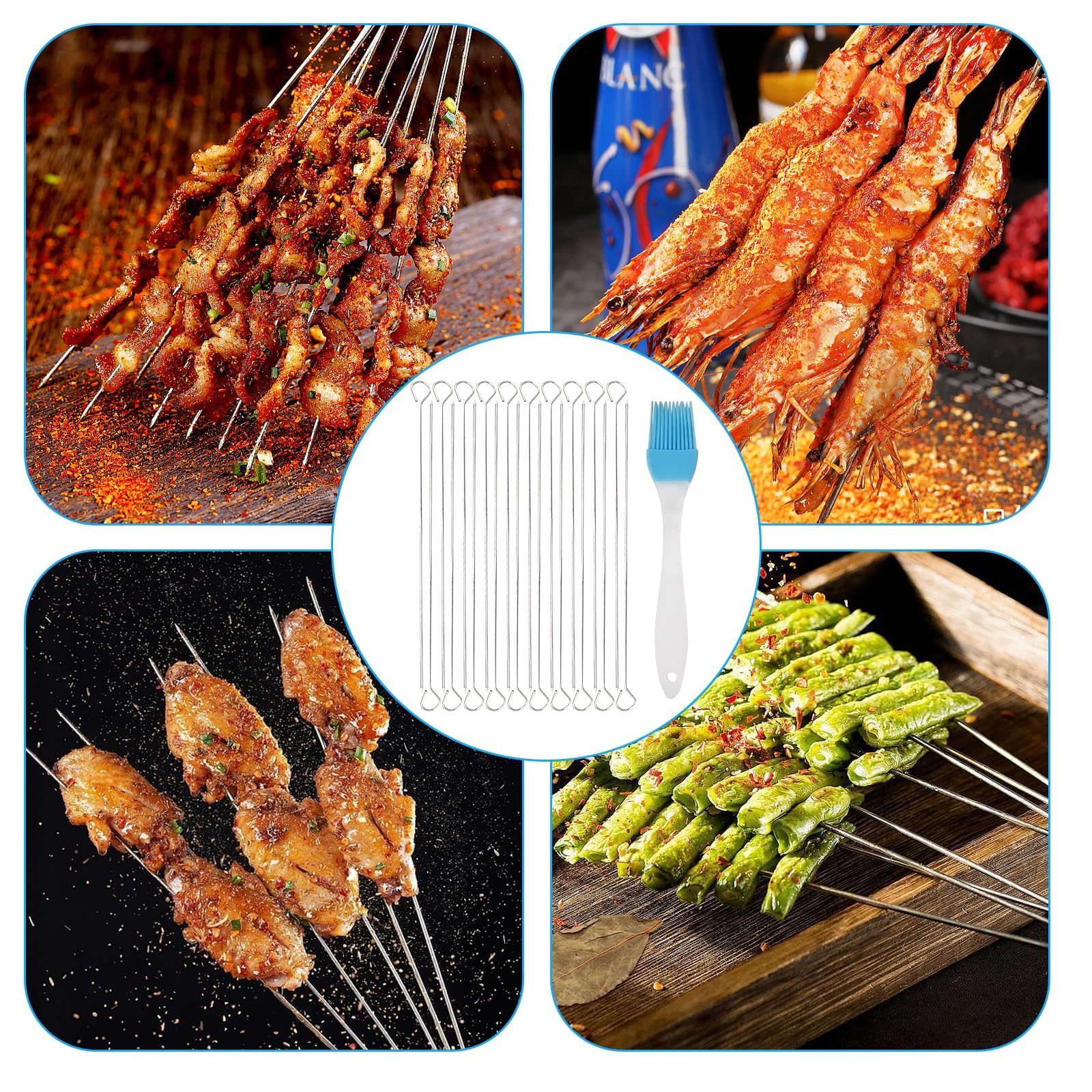 Pic a Brochette en Métal 30 cm avec Pinceau à Huile Silicone Bleu - Kit de Grillade pour Pique-nique et Camping