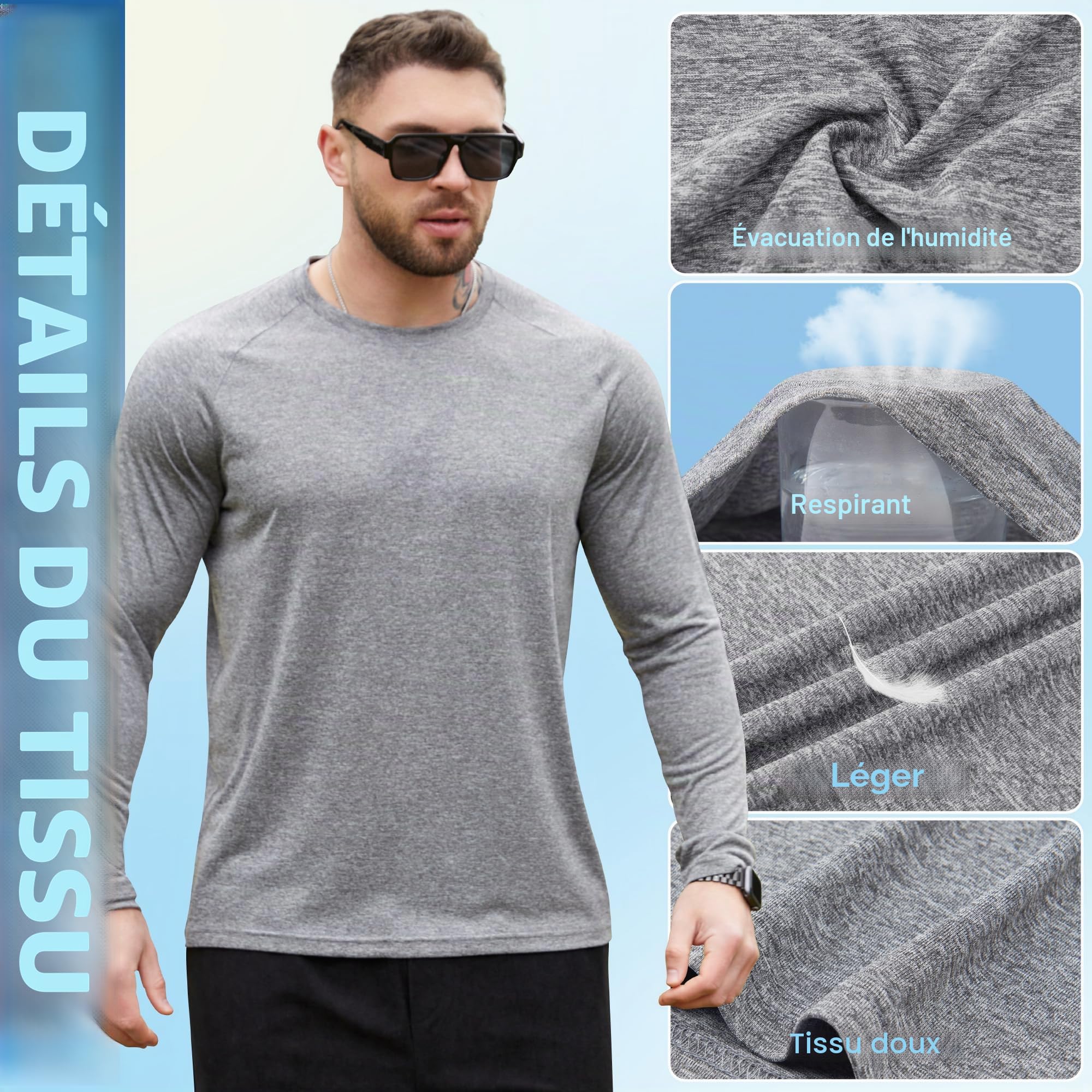T-Shirt à Manches Longues pour Homme Anti-UV UPF 50+ 3/5/7Pcs | Polyester,séchage rapide,respirant.Coutures plates,4-way stretch.Idéal running, randonnée, pêche,fitness,outdoor.