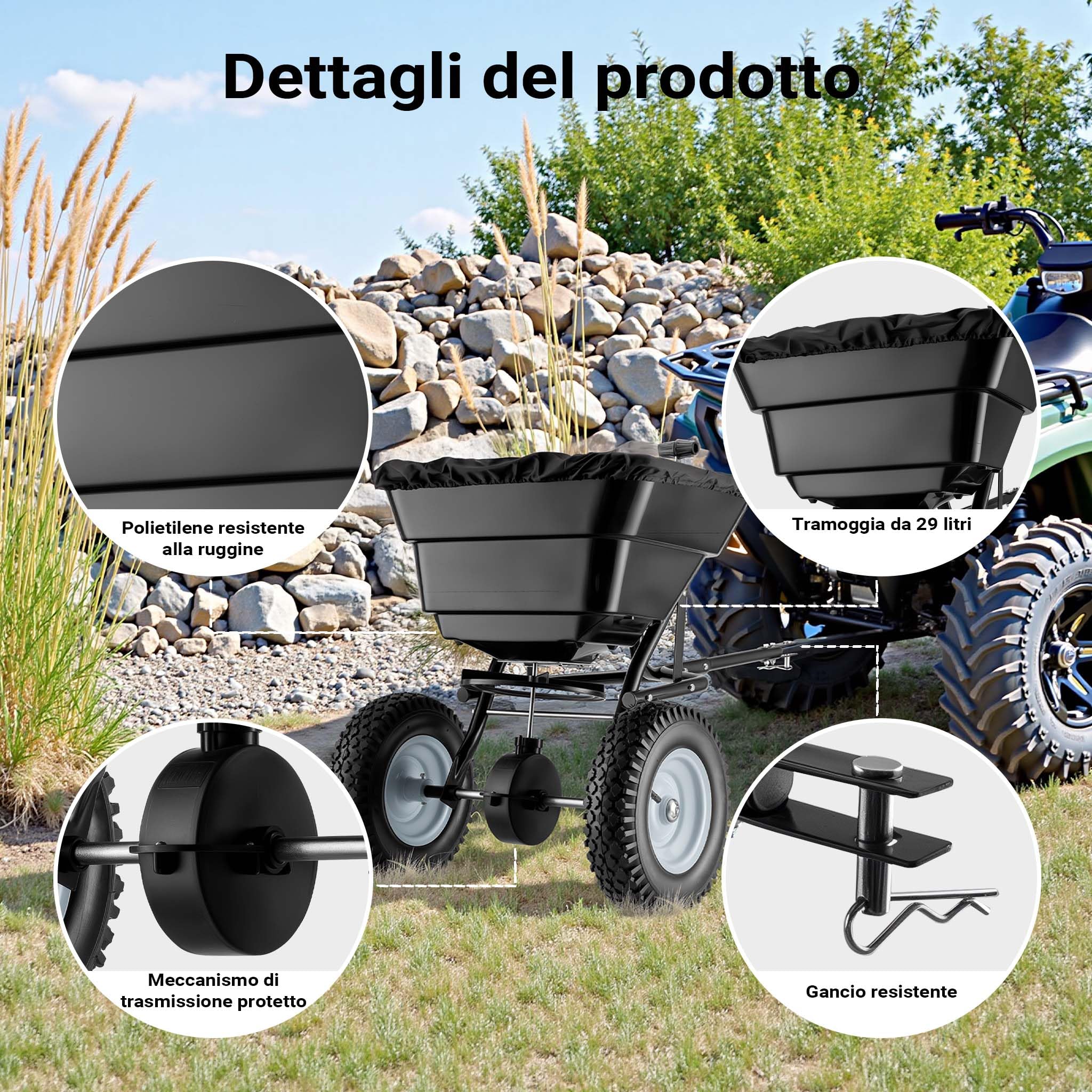 Wiltec GT1507 Carrello spargitore trainato da 29 l per trattorini Spandiconcime Spargisale