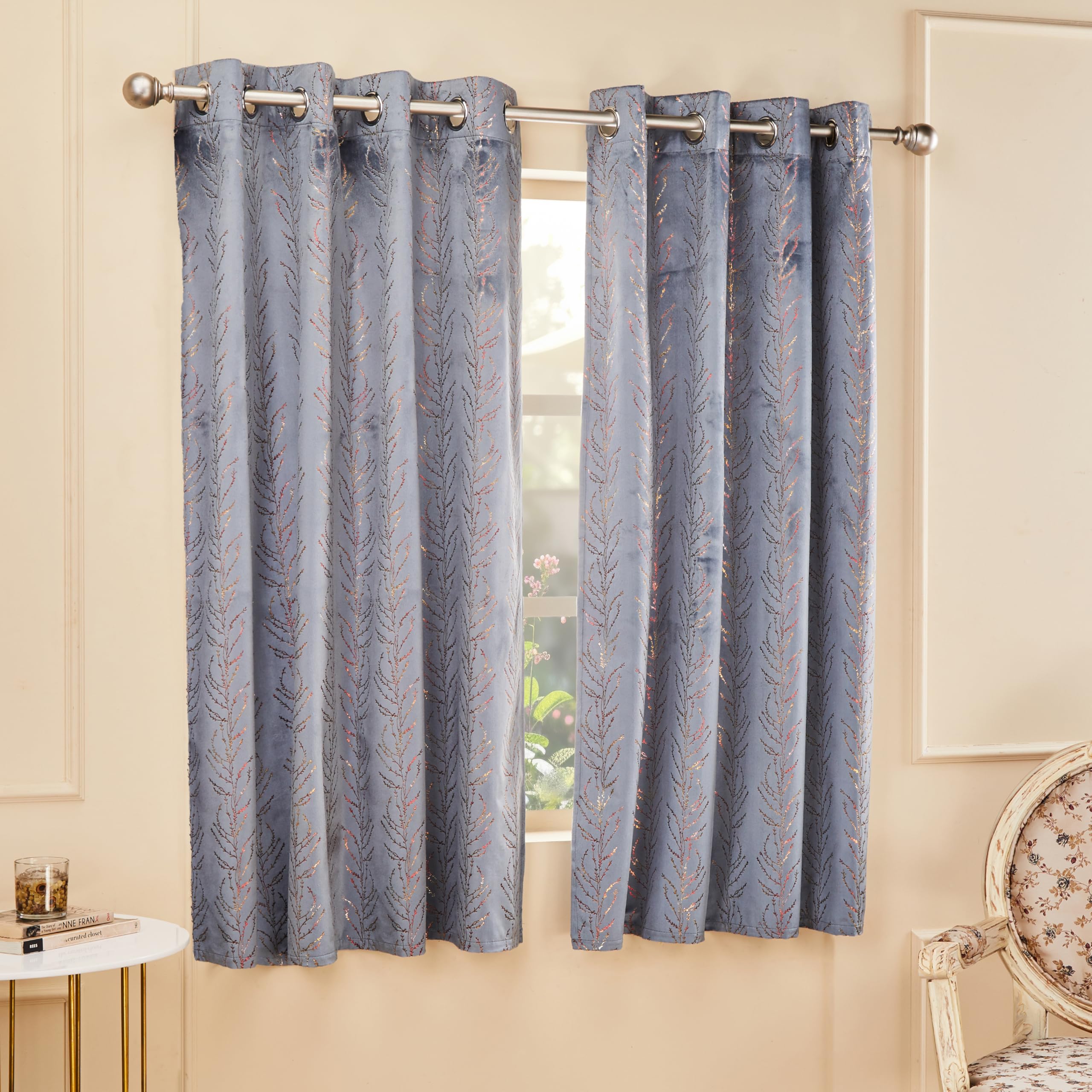 Amazon Brand - Solimo Polyester Leaf Print Velvet Foil Window Grommet Semi Sheer Curtains (Pack of 2, 5 Feet, Grey)-image-19