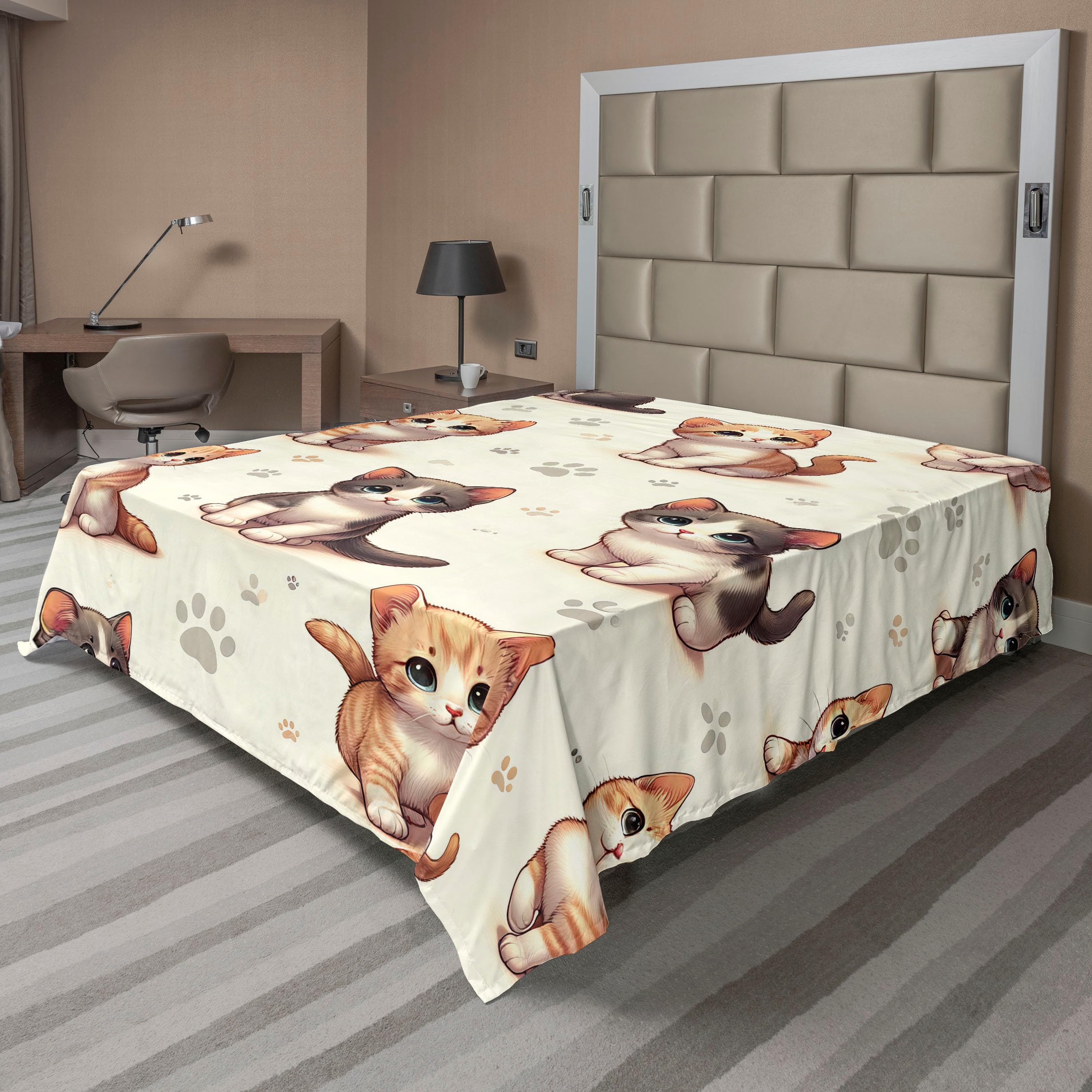 Ambesonne Cat Flat Sheet, Little Fun Kittens Cartoon Animal Characters with Muted Colored Paws, Soft and Comfortable Top Sheet Decorative Bedding 1 Piece, Full Size, Ivory Apricot and Dark Grey