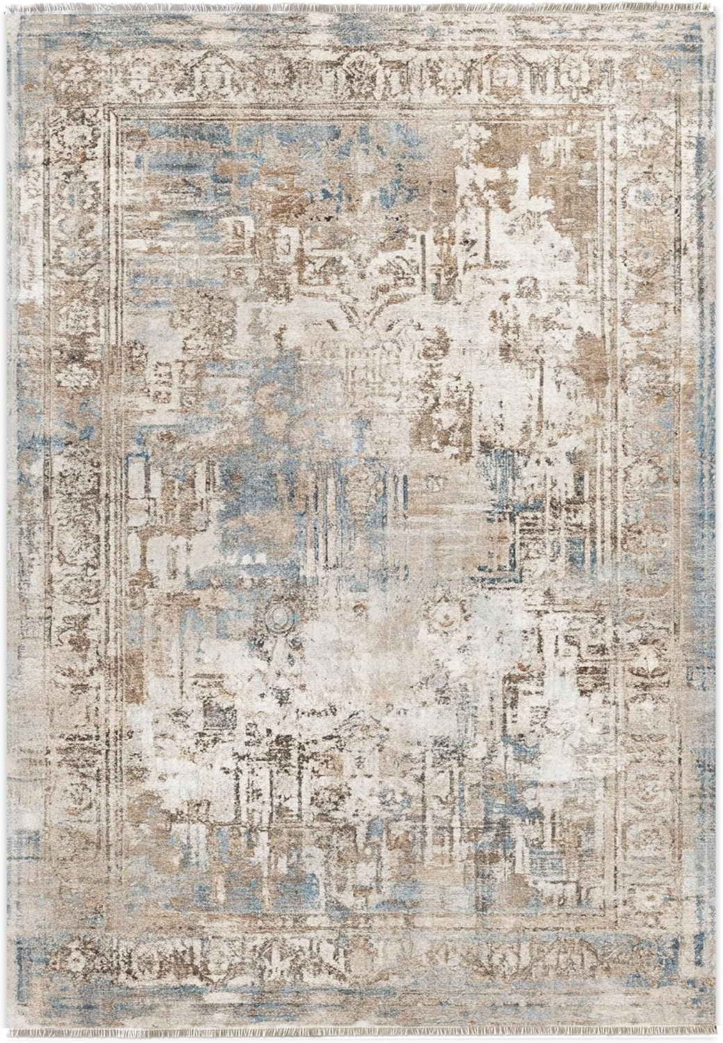 Chenille Machine Washable Area Rugs with Non Slip Backing, Ideal for Hallway, Living Room, Bedroom, Kitchen and Laundry Room, Vintage and Low Pile Rug (Beige-Blue, 3'x5')