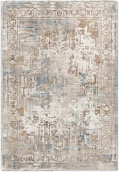 Chenille Machine Washable Area Rugs with Non Slip Backing, Ideal for Hallway, Living Room, Bedroom, Kitchen and Laundry Room, Vintage and Low Pile Rug Beige-Blue, 5x7