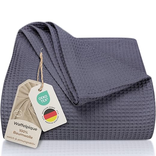 Bedspread 180 x 220 cm - Waffle Pique 100% Cotton - Light Summer Blanket - Cotton Blanket as Bed Blanket, Sofa Blanket, Sofa Blanket - Airy Sofa Blanket (Anthracite)
