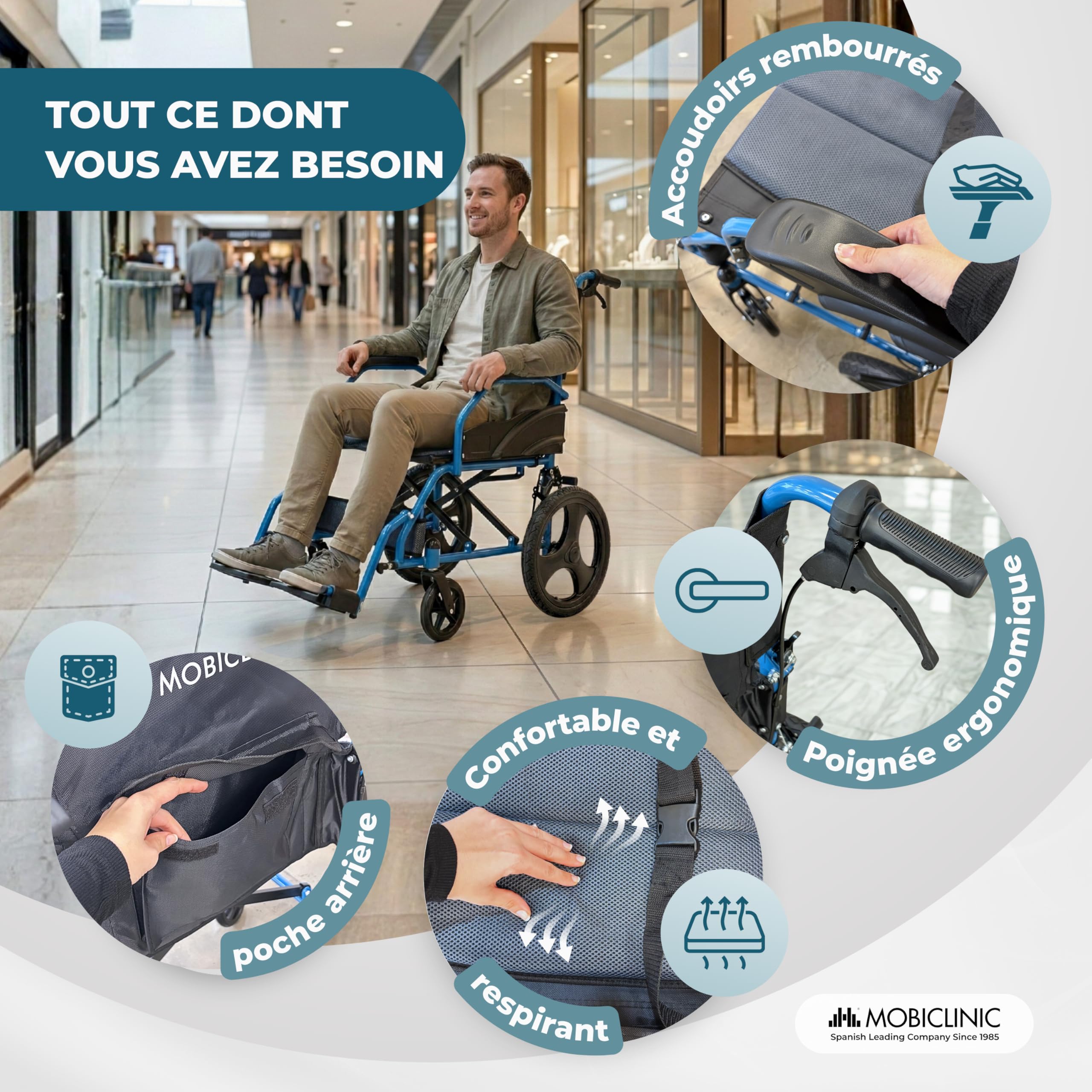 Mobiclinic®, Fauteuil Roulant Pliant Léger, de Transfert, Dossier Rabattable, Repose-Pieds Rabattables, Double Système de Freinage, Acier Renforcé, Jusqu'à 100 kg, Léger et Compact, Faraón