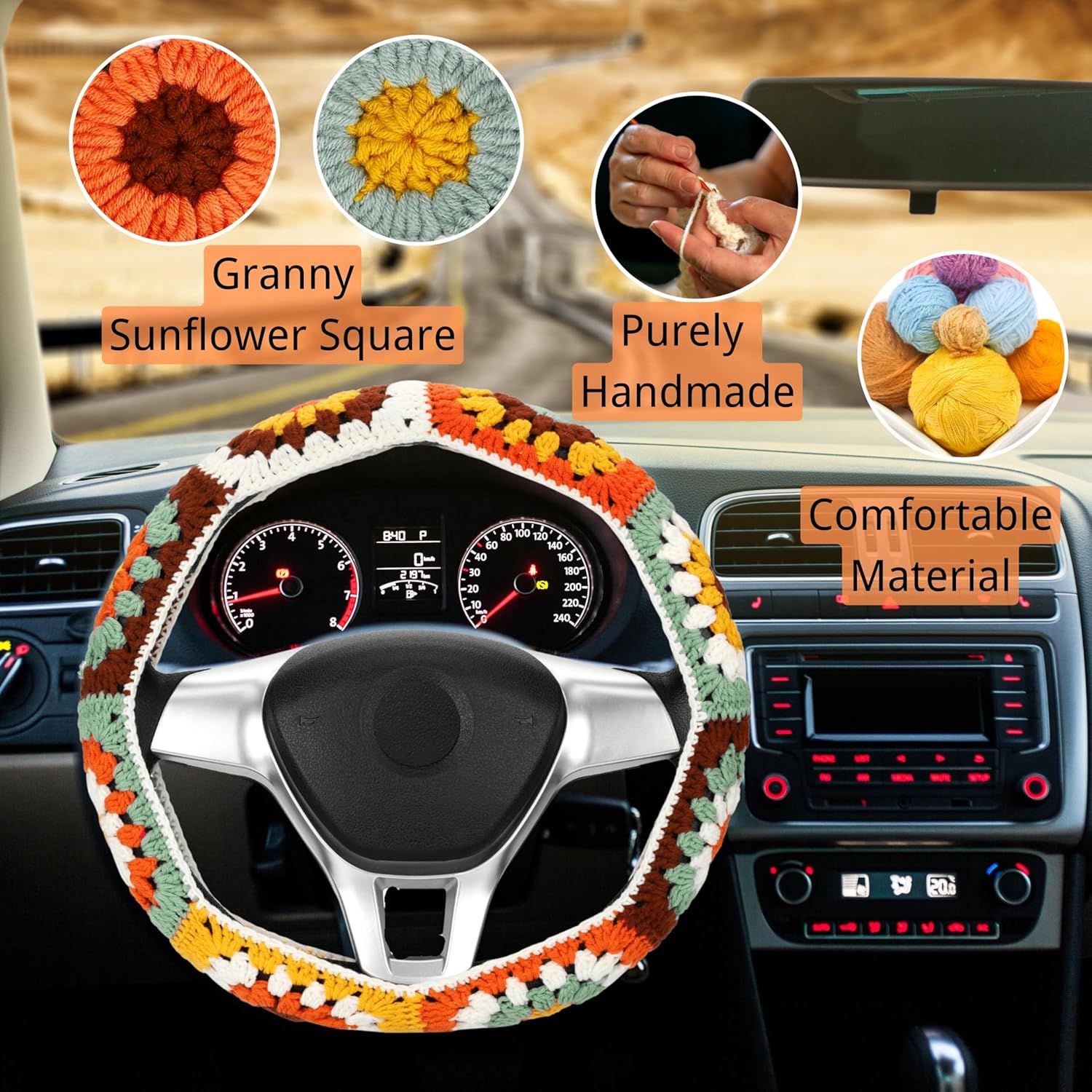 Crochet Steering Wheel Cover Set,Cute Steering Wheel Cover Boho 14-15 in,Handmade Sunflower Granny Square Decor for Women,Hippie Car Accessories (Wheel Cover Set)