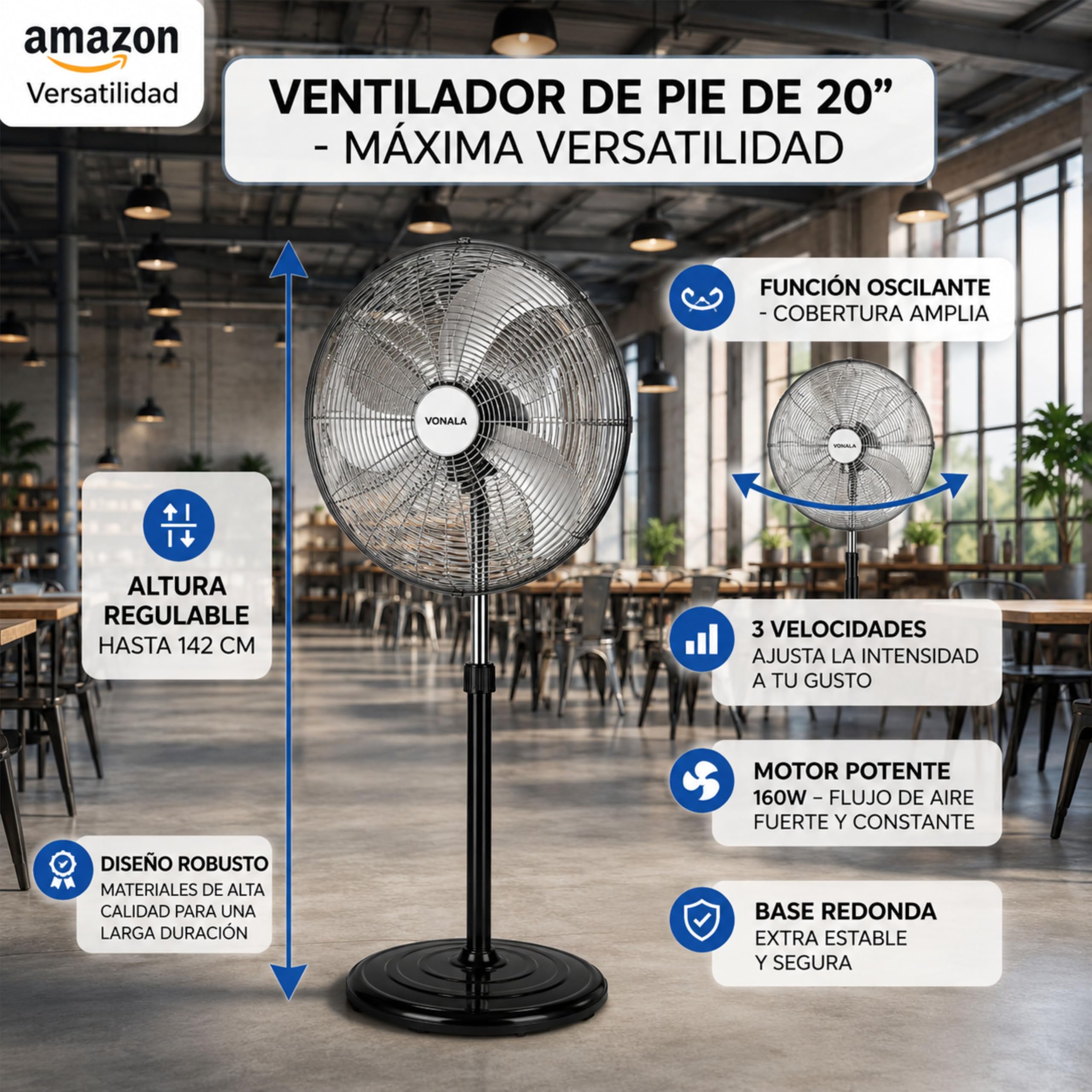 Ventilador Industrial Potente y Ultra Frío 160W 20", Ventilador Pie 142cm Oscilante 3 Velocidades, Ventiladores de Pie, Ventilador Exterior Terraza o Interior, Ideal Gimnasios, Restaurantes, Comercios