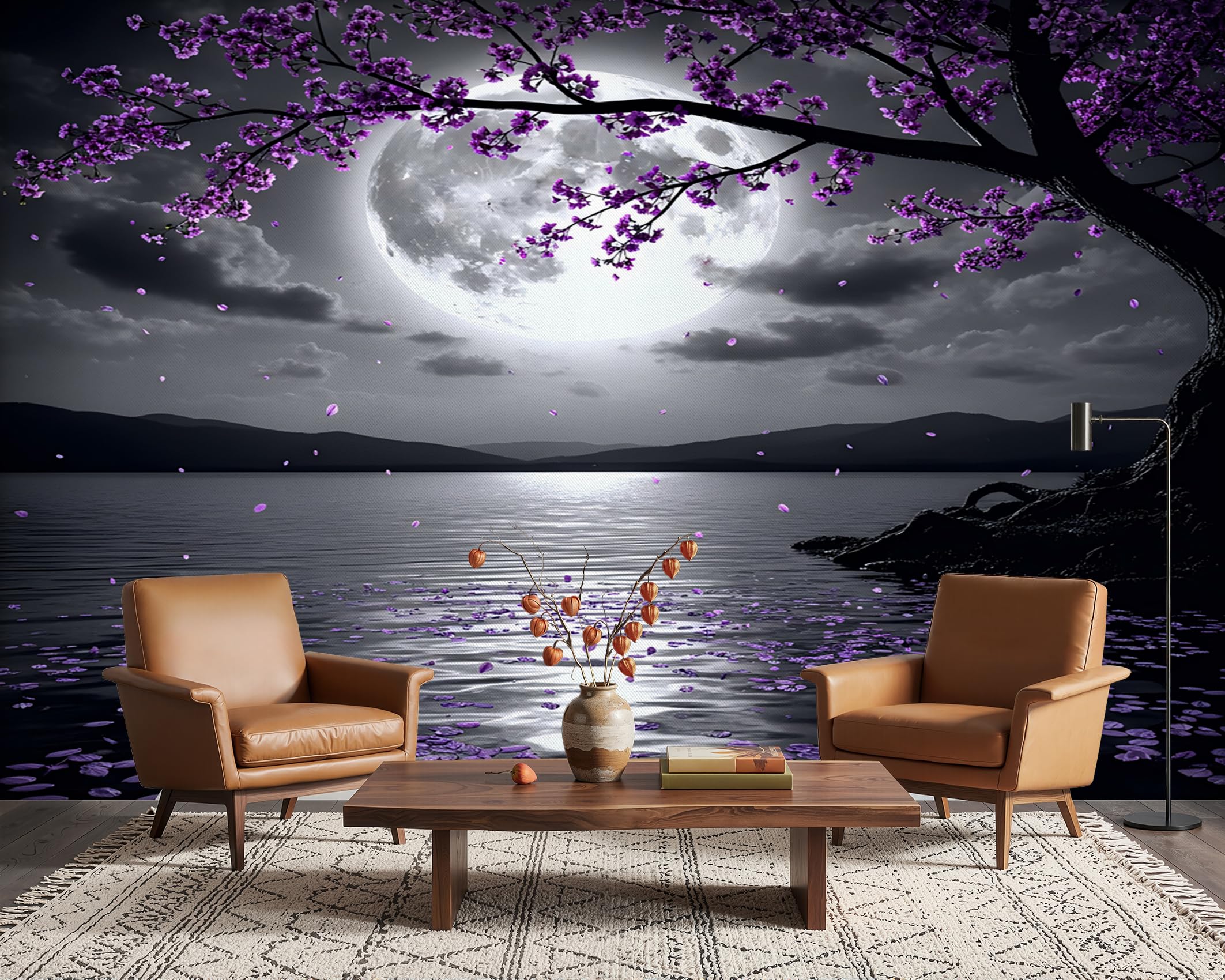 PaxGloz Purple Blossom Tree Wallpaper, Full Moon Night Landscape Wall Mural for Living Room & Bedroom, Non-Woven Decorative Wall Art 500x280 cm โ image 1