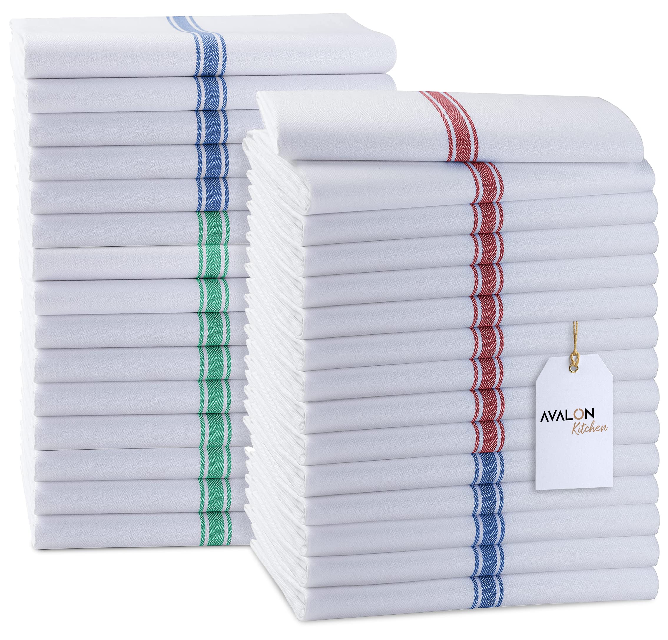 Avalon Dish Towels Set (Value Pack of 30) Size 15x25 Inch, 100% Cotton Soft & Absorbent Linen Kitchen Towels, Tea Towels, Reusable Cleaning Cloths for Household Cleaning (Multi)