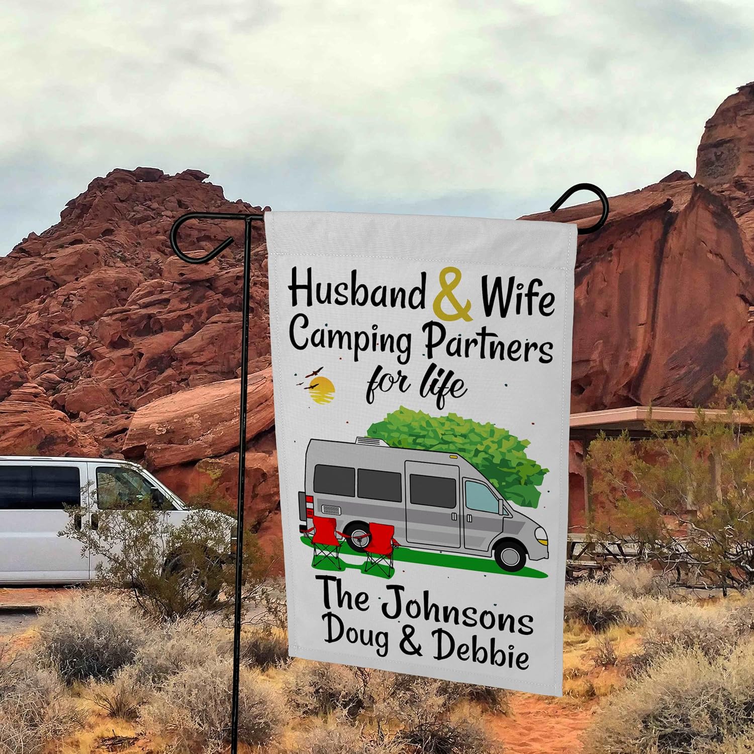Husband & Wife Camping Partners for Life, Personalized Class B Motorhome Camping Flag, Campsite Sign, White Fabric (Light Gray)