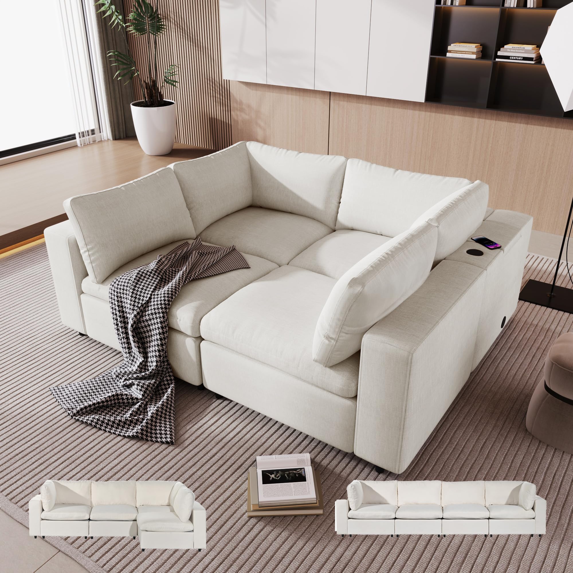 132" Oversized Modular Sectional Sofa, Convertible Large 4 Seat Cloud Couch Set for Living Room Apartment, Modern Sleeper Sofa Bed with USB Ports/Wireless Charging/Bluetooth Speaker