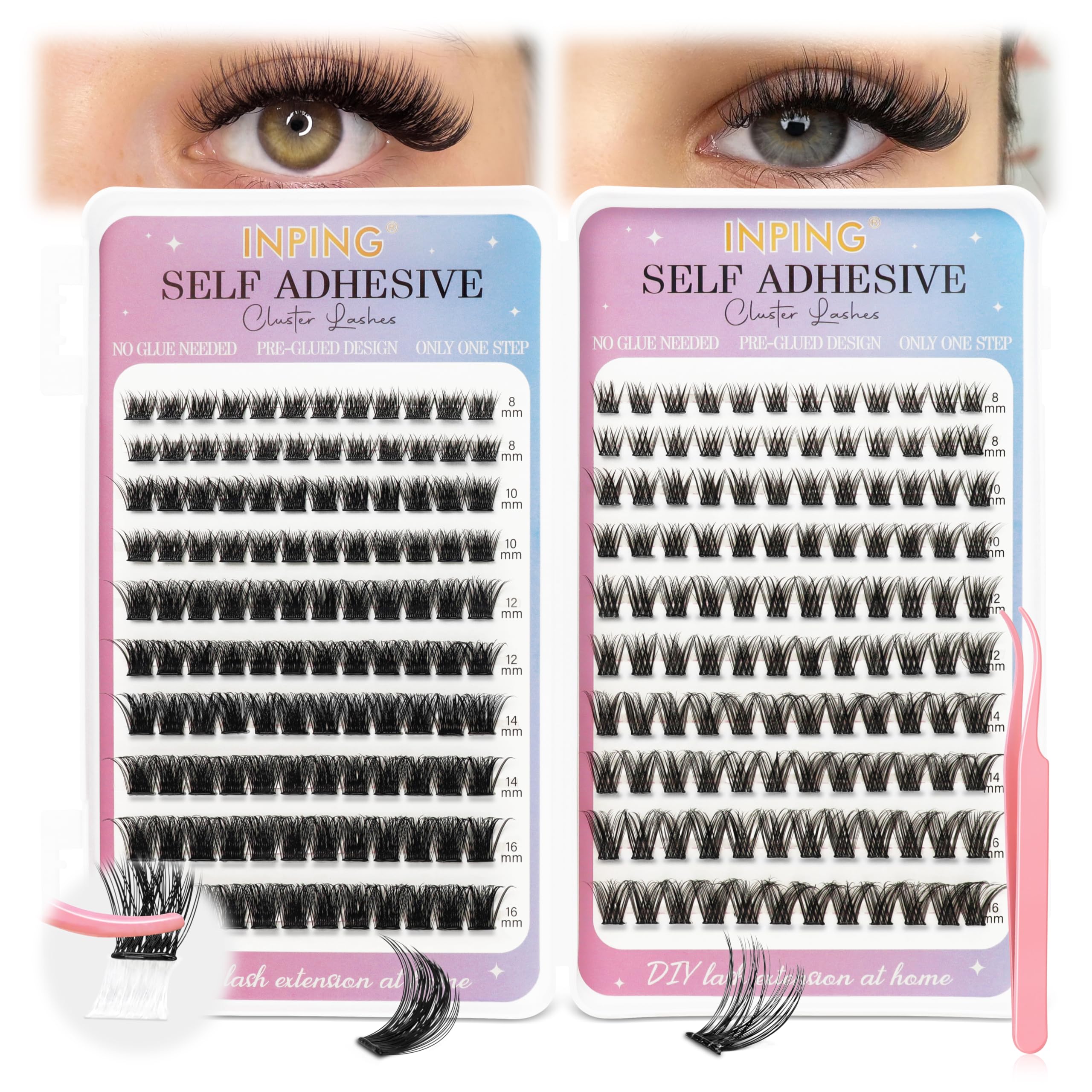INPING Samoprzylepne sztuczne rzęsy, 2 style puszystych rzęs włos po włosie Objętość Lashes bez kleju, przedłużki rzęs z pęsetą dla początkujących DIY Lashes wielokrotnego użytku, 8-16 mm