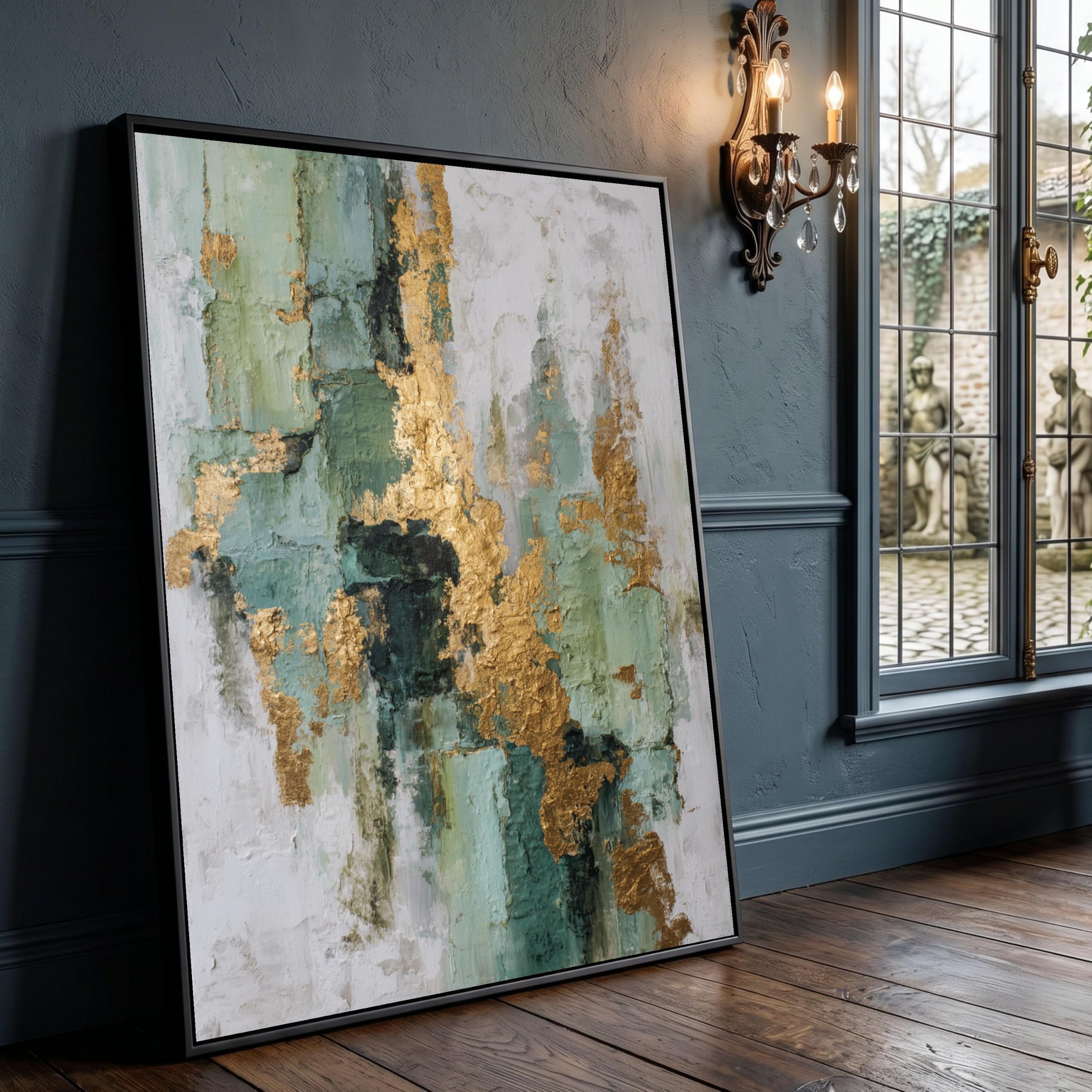 UUDEZO Cuadro abstracto verde y dorado para pared, elegante obra de arte en lienzo para sala de estar (90x110 cm (35x43 pulgadas)