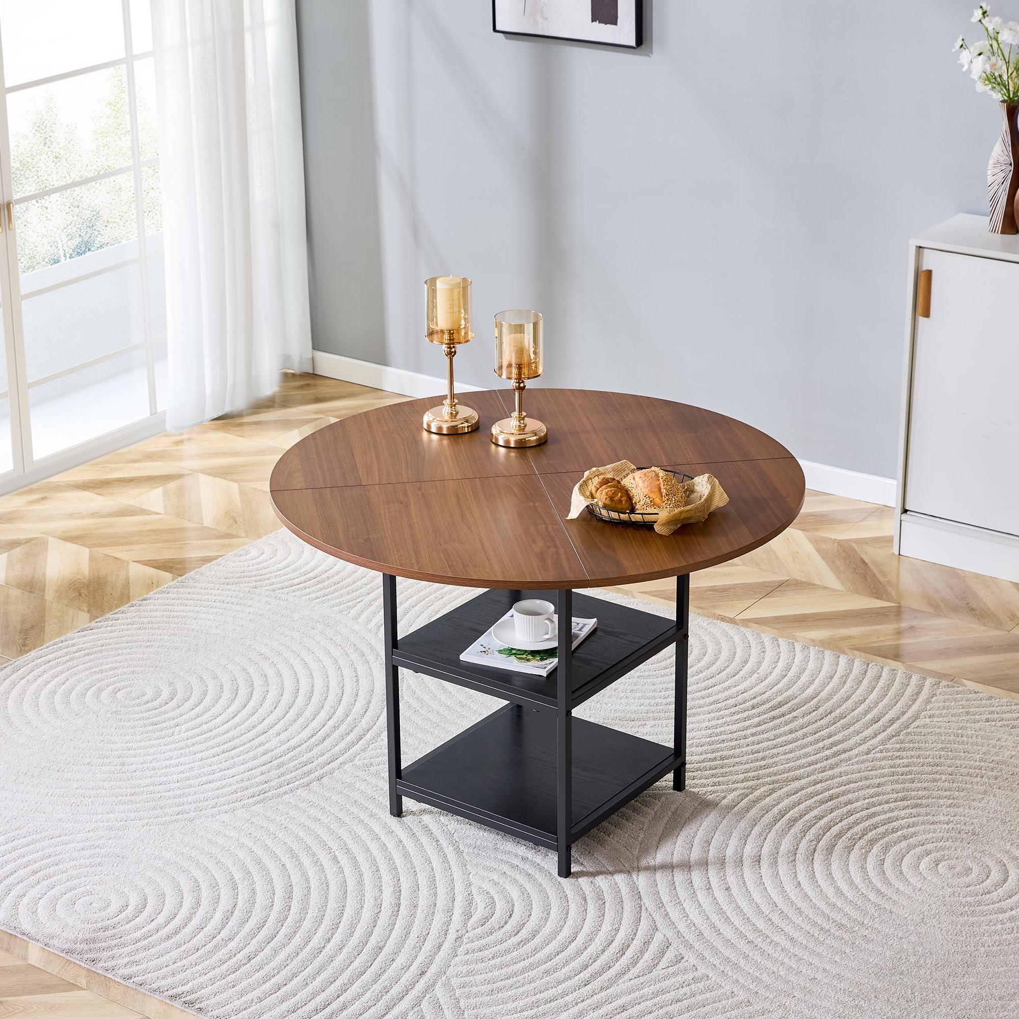 Table à manger ronde 107 cm résolvant le manque de place grâce à sa double étagère