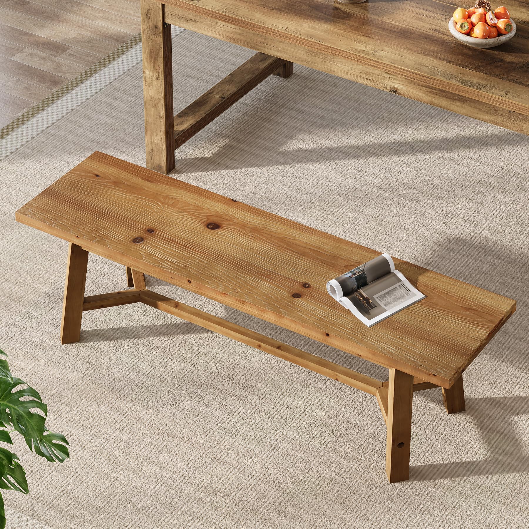 55" Solid Wood Bench, Farmhouse Bench Seat for Entryway | 55" L x 13.8" D Dining Bench, 400 Lb Capacity, Wooden Bench for Dining Room, Bedroom, End of Bed Bench, Easy Assembly, Wood