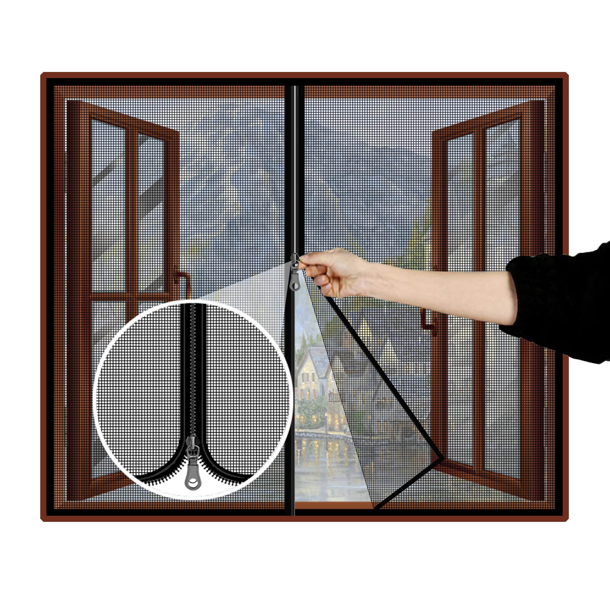 WNE Jaliwale Pre-Stitched Fiberglass Window Mosquito Net with Zipper, Self Adhesive Hook Tape, Size:Height 180cm x Width 130cm (70.86x51.18Inches or 5.90x4.26ft) Colour - Black