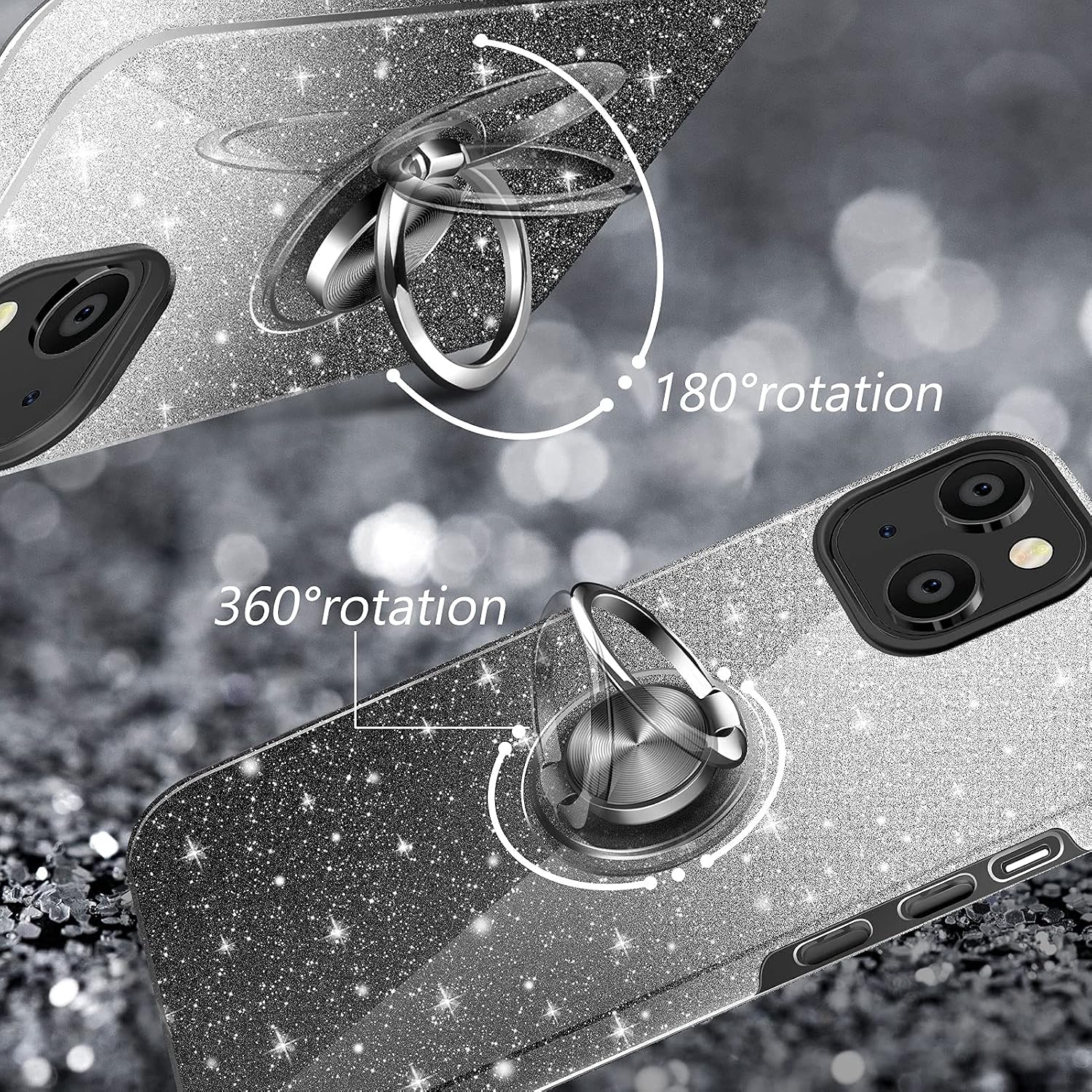 KSWOUS for iPhone 13 6.1 Inch Case with 2 Pack Screen Protector, Cute Glitter Sparkly Bling Black Soft Protective Cover with Kickstand for Women Girls Slim Shockproof Phone Cover Case (Black)