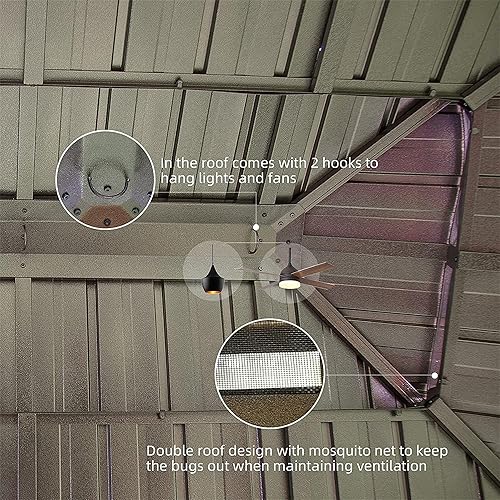 Miniatura 4 de Cenador de techo rígido de 12 x 14 pies, toldo con marco de aluminio recubierto de madera con doble techo de acero galvanizado, pabellón de metal