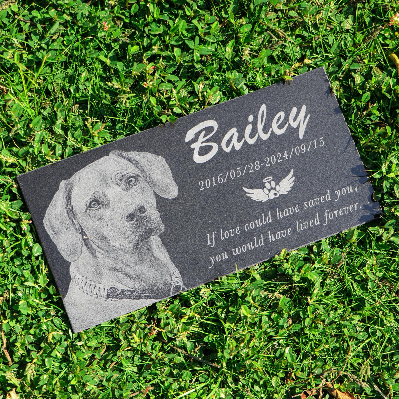 Personalized black granite pet memorial stone, Garden plaque engraved with photo for dogs. Customized headstone for cemetery decoration, dog memorial gifts for loss of dog ,cats, and family pets