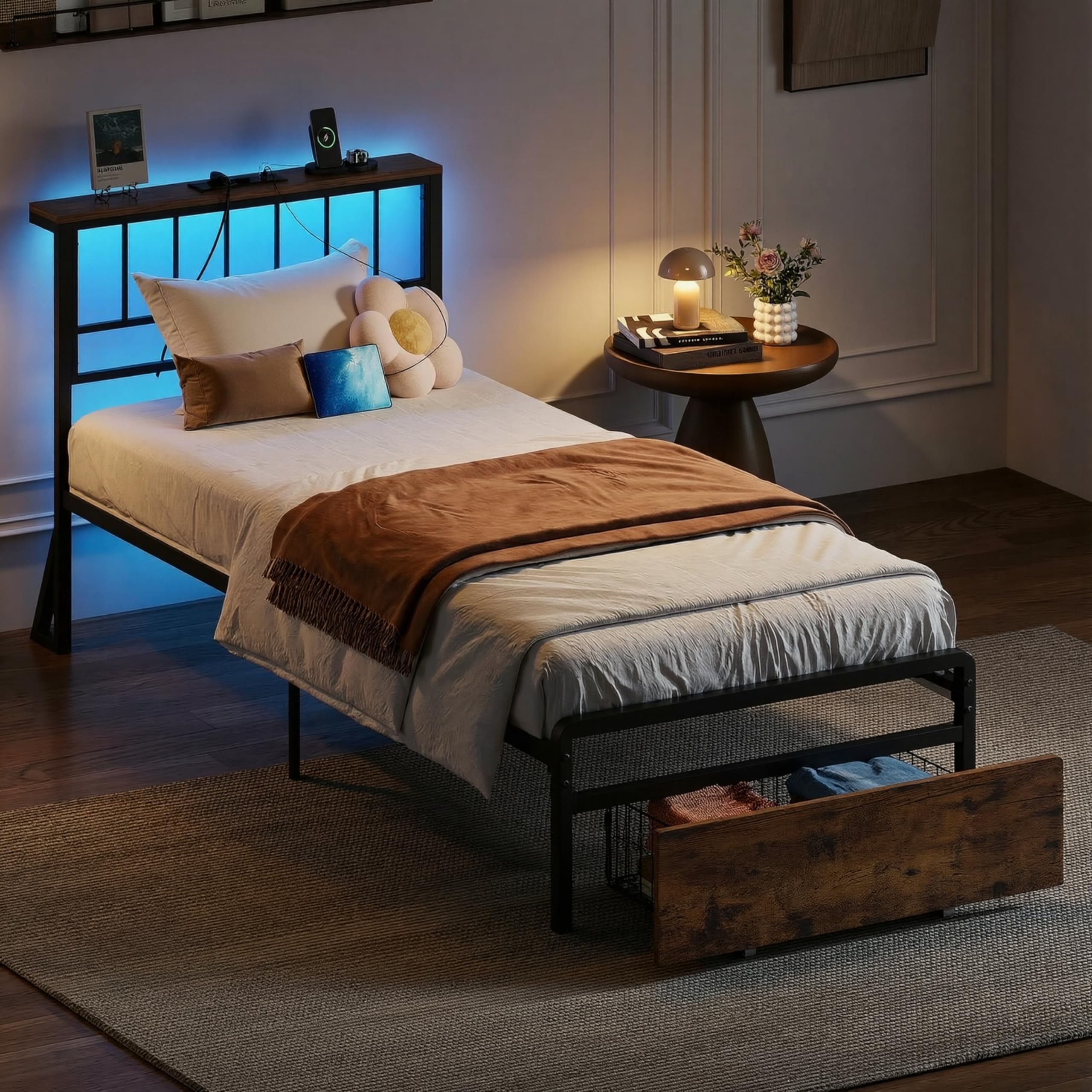 IRONCK Bett 90x200 mit LED und Ladestation, Bettgestell mit Stauraum | Doppelbett mit 2 Schubladen, 2 AC-Steckdosen, USB-A & USB-C, Jugendbett mit Lattenrost aus Metall, Betten für Schlafzimmer