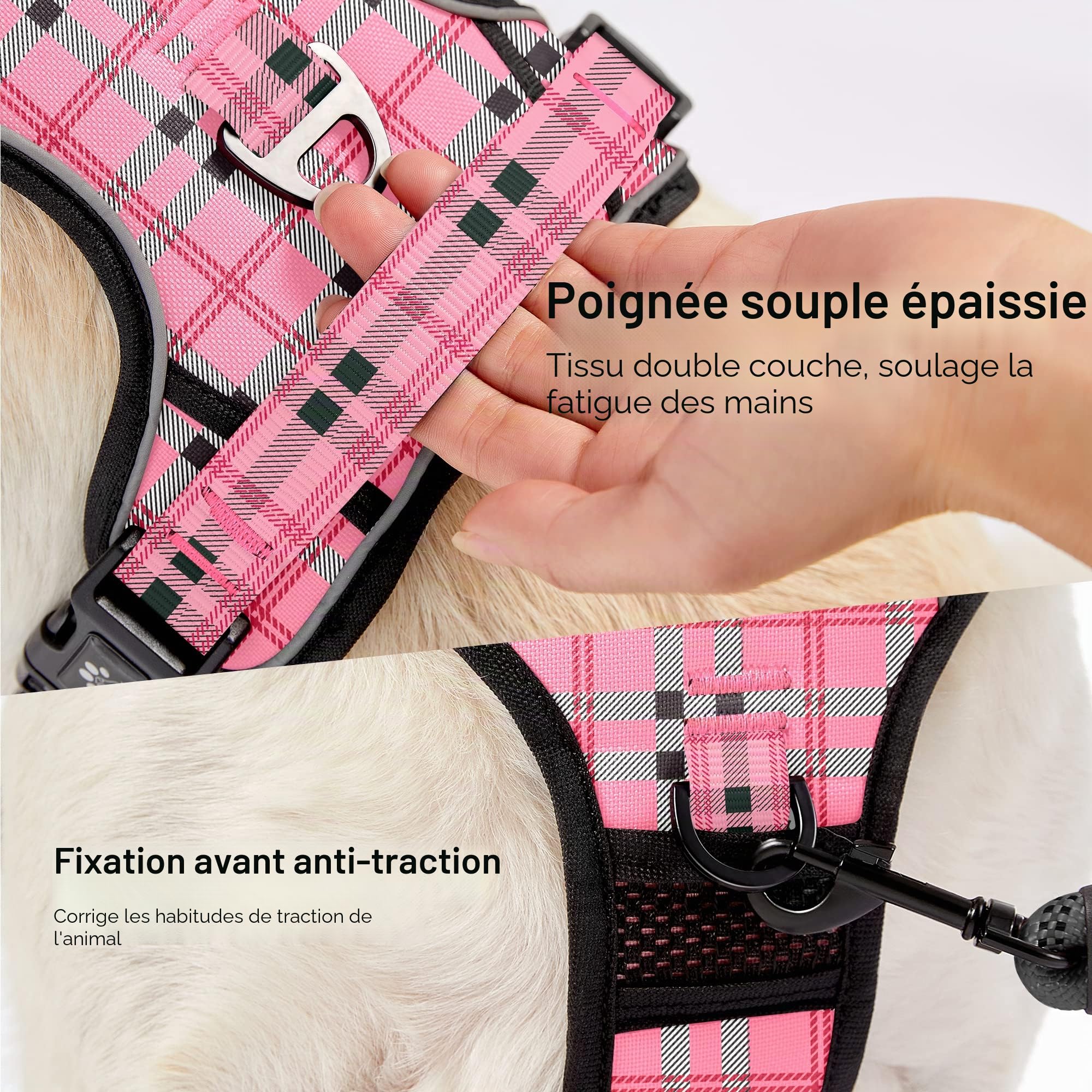 NESTROAD Colliers, Harnais Veste et Laisses Anti Traction pour Chiens Moyen, Couleur Rose Plaid Taille M Arnet pour Chien Le Cou 33~43CM Poitrine 43~64CM, Harnais Chien Voiture, Accessoire Chien