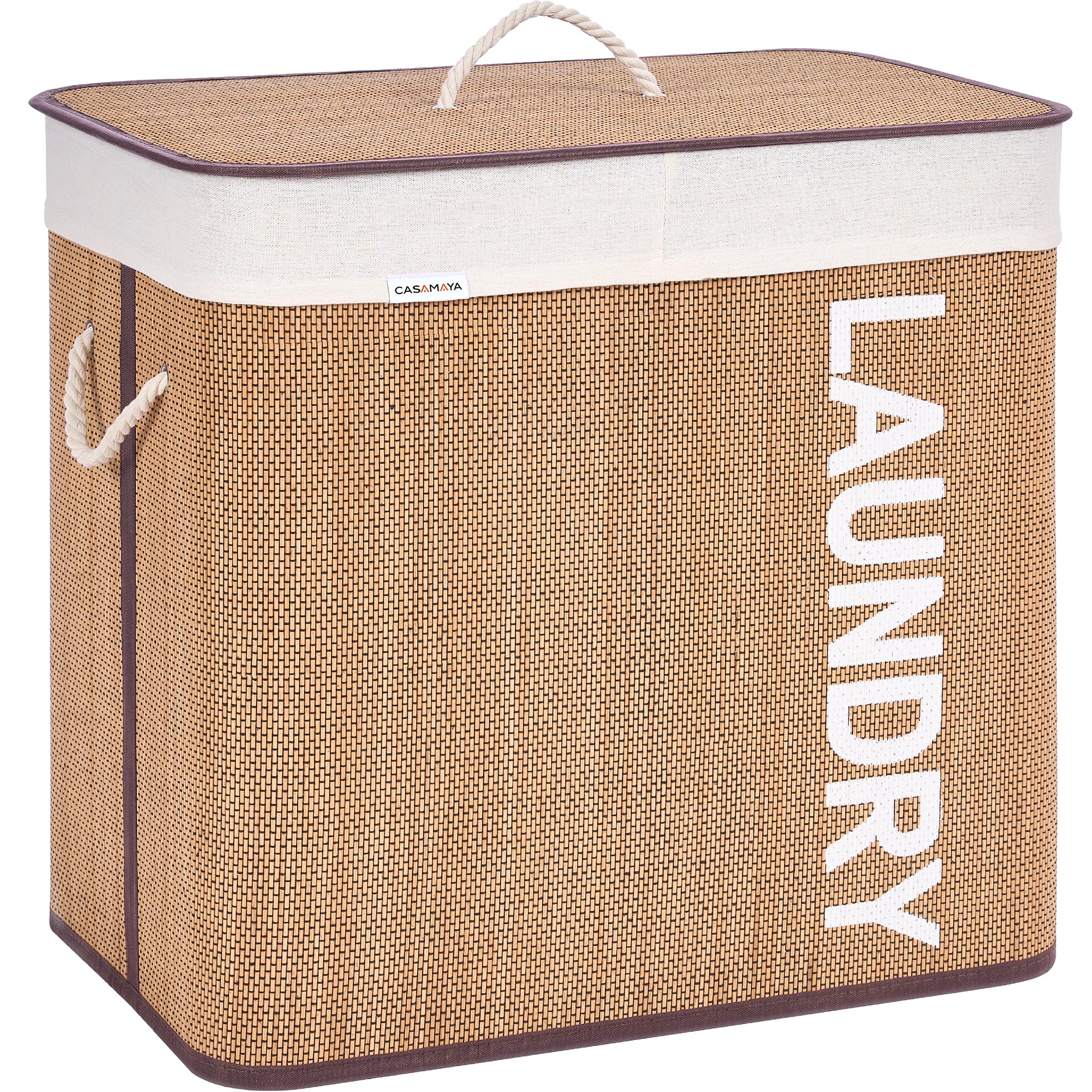 Laundry Basket, 33.6 Gal (127L) Bamboo Laundry Hamper with 2 Section, Hamper with lid, Foldable, Removable and Machine Washable Liner, for Laundry Room, Bedroom, Natural LHB127Y01