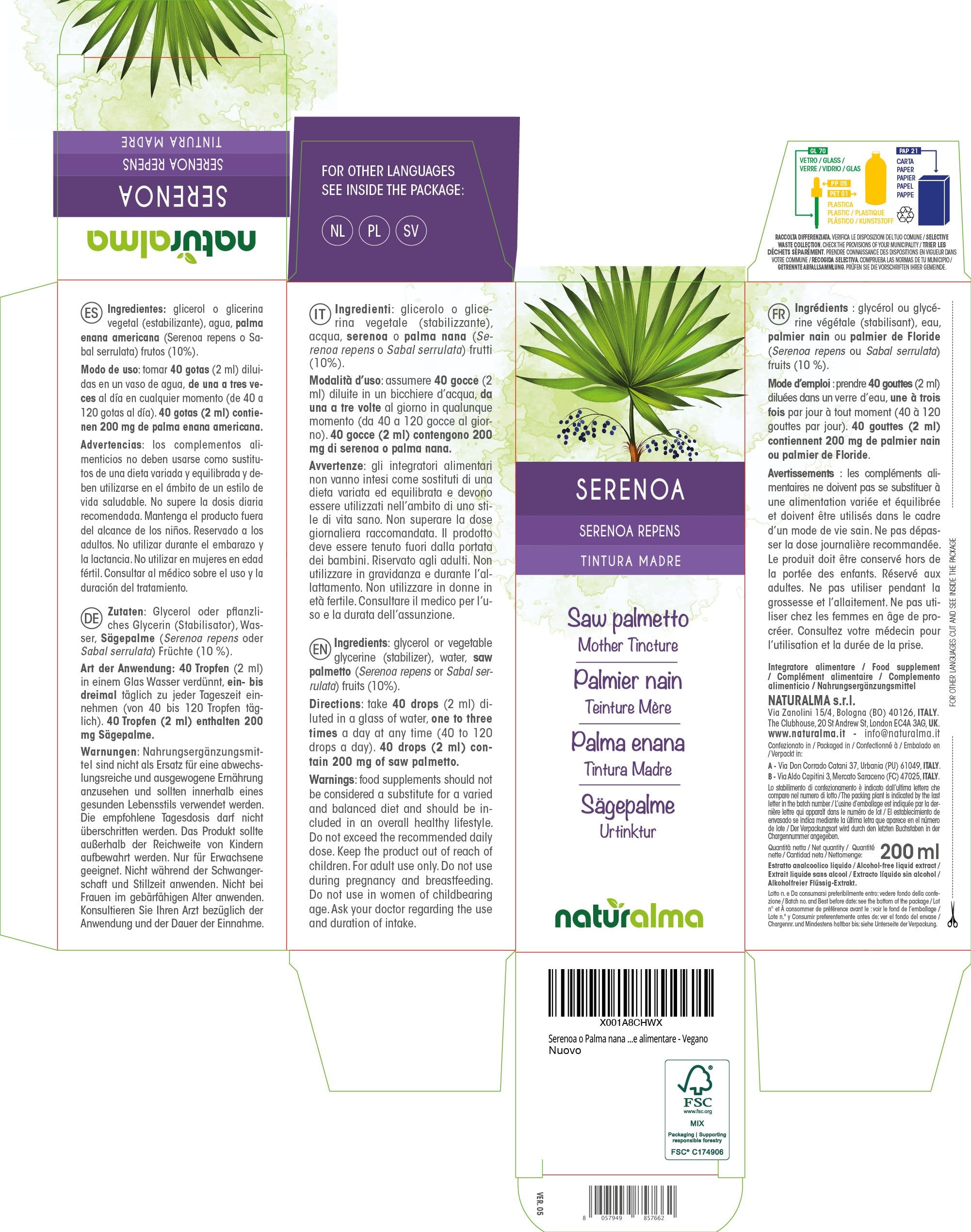 Palmier nain ou Palmier de Floride (Serenoa repens ou Sabal serrulata) fruits Teinture Mère sans alcool Naturalma - Extrait liquide gouttes 200 ml - Complément alimentaire - Végétalien ou végan