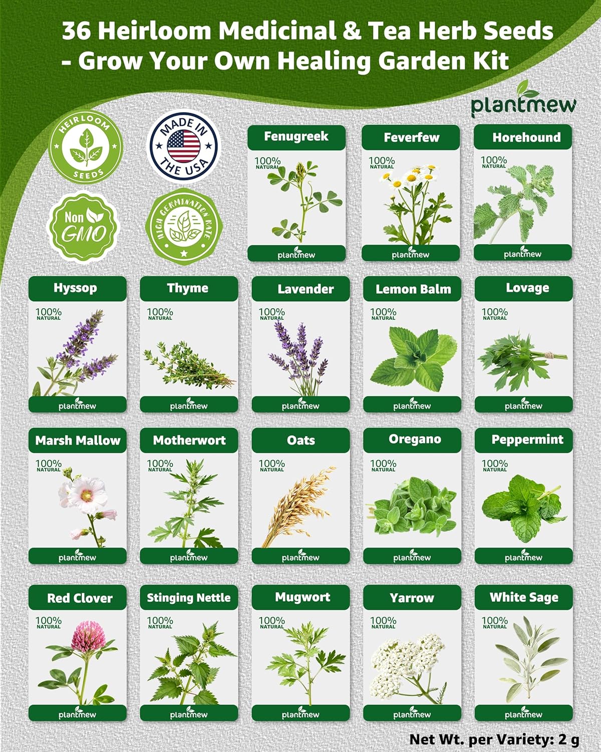Medicinal Herb Seeds Variety Pack - 36 Heirloom Non-GMO Herbal Tea Garden Seeds: Chamomile, Lavender, Echinacea, Yarrow, Mugwort for Planting Indoor & Outdoor, Apothecary & Homesteading Supplies